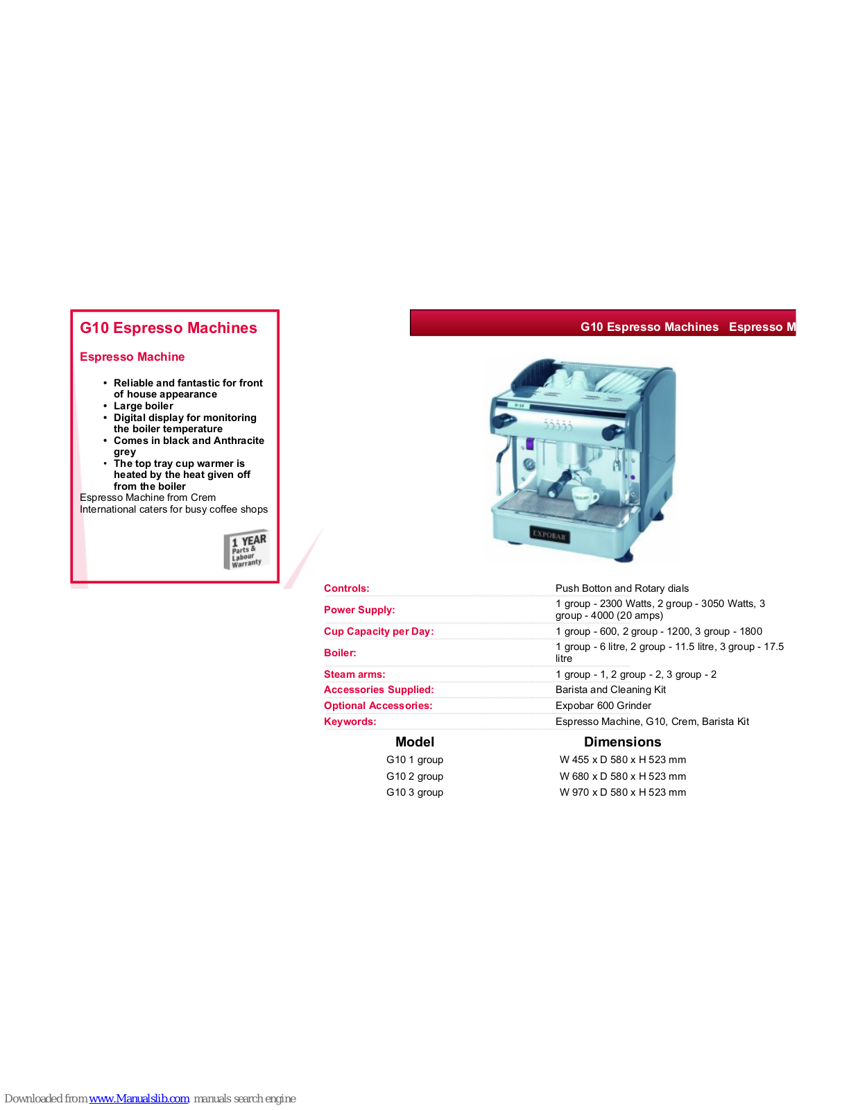 Expobar G10 1 GROUP, G10 2 GROUP, G10 3 GROUP Datasheet