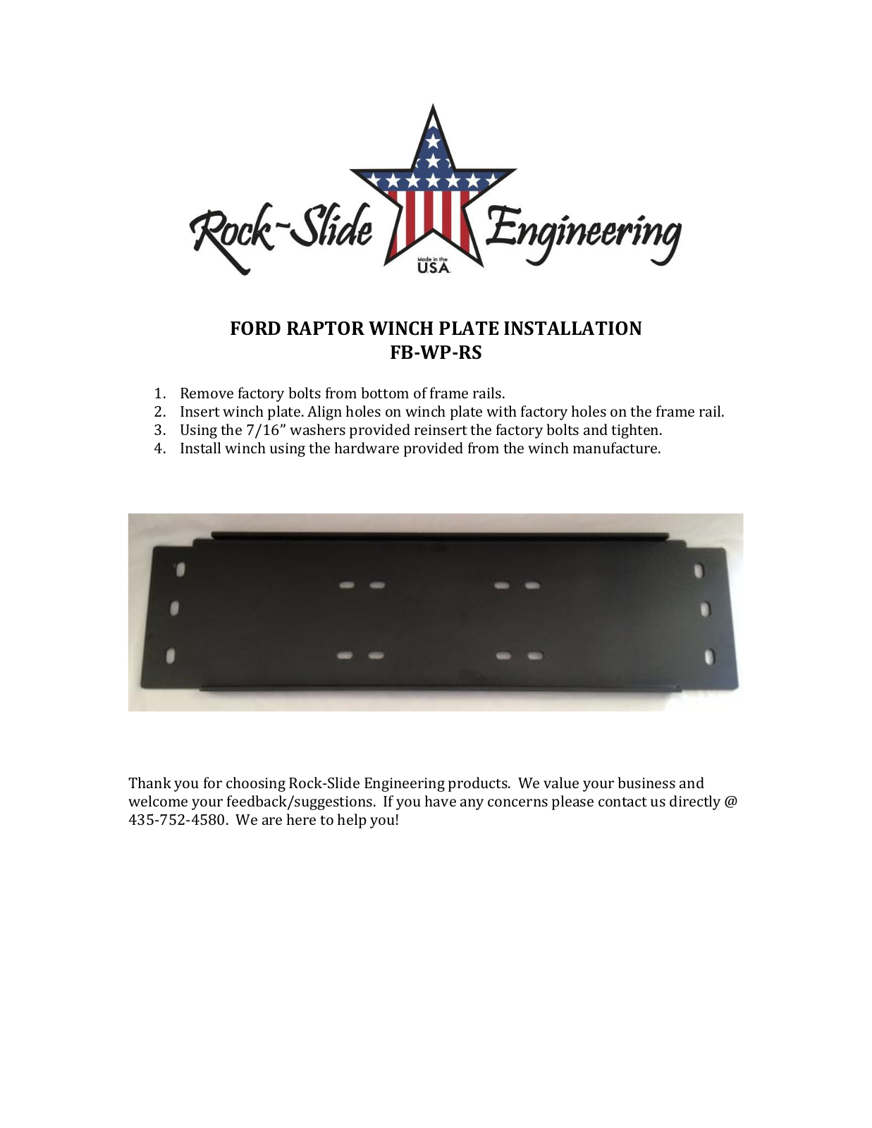 Rock-Slide Engineering RAPTOR – WINCH PLATE User Manual