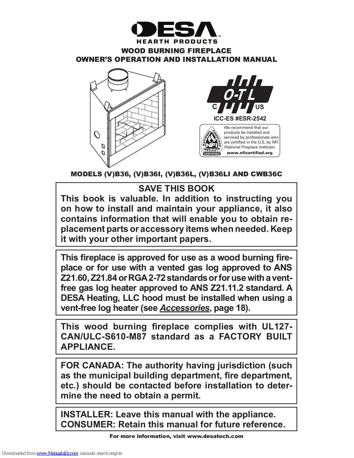 Desa VB36, VB36L, VB36LI, CWB36C, VB42 Owner's Operation And Installation Manual