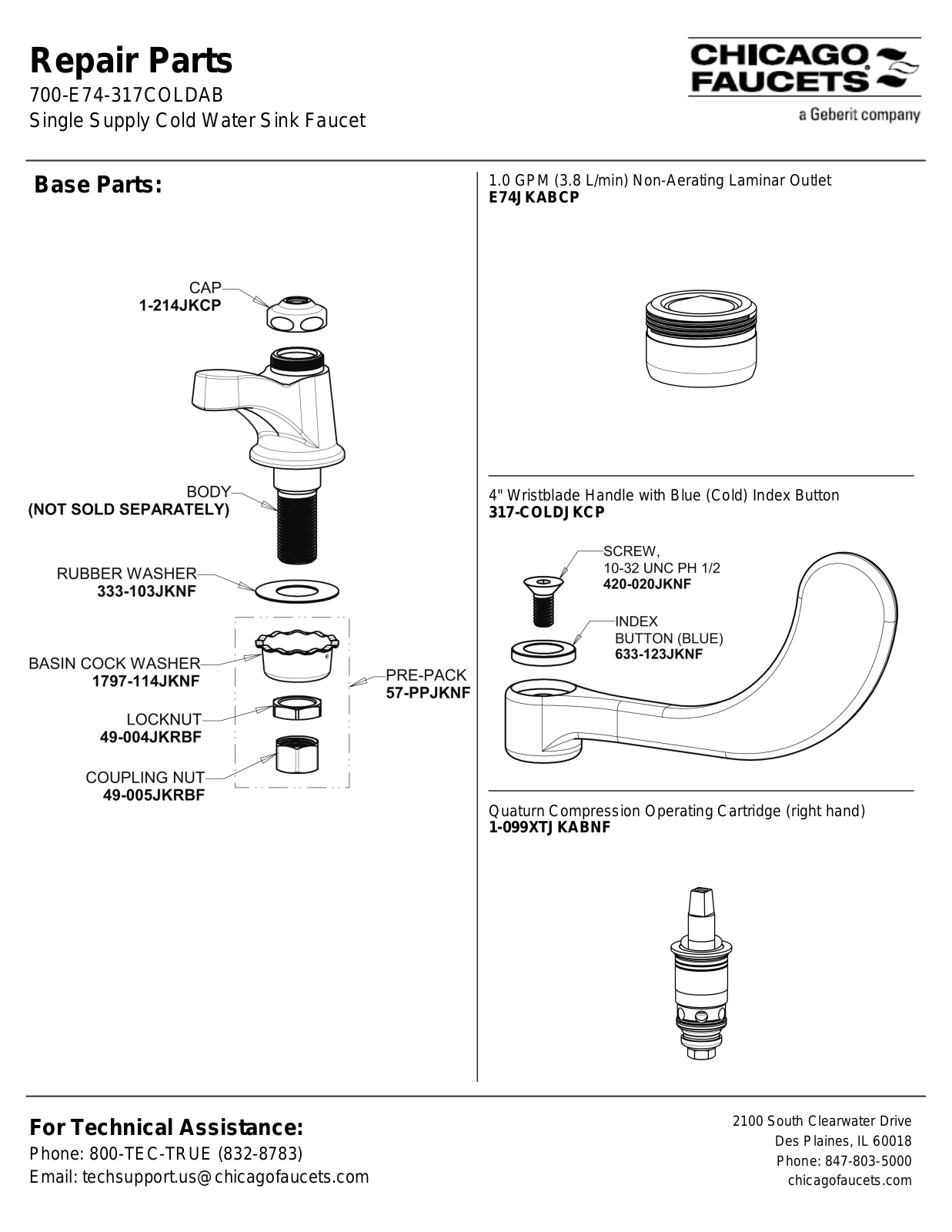 Chicago Faucet 700-E74-317COLDAB Parts List