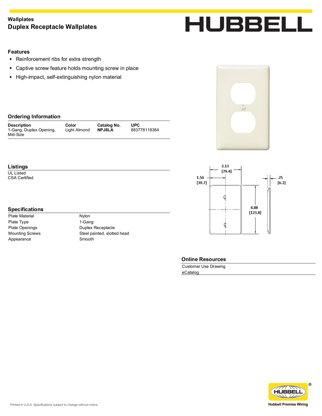 Hubbell NPJ8LA Specifications