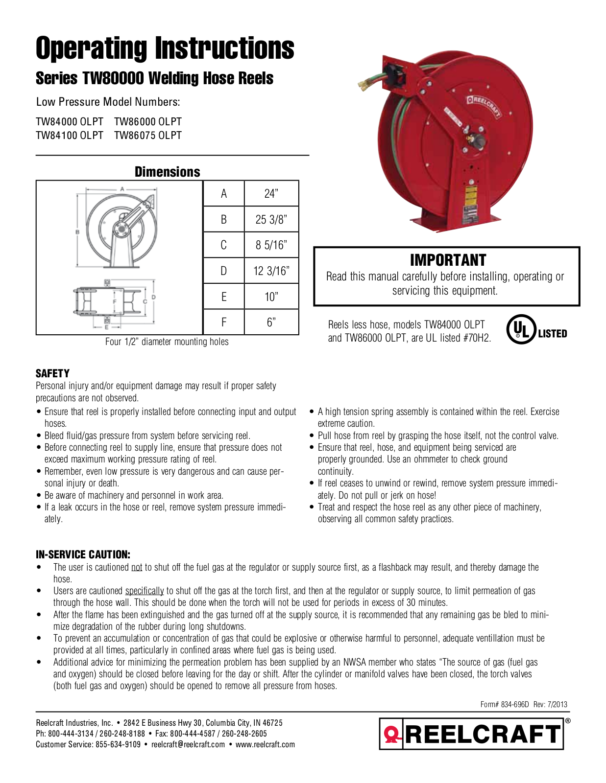 Reelcraft TW80000 User Manual