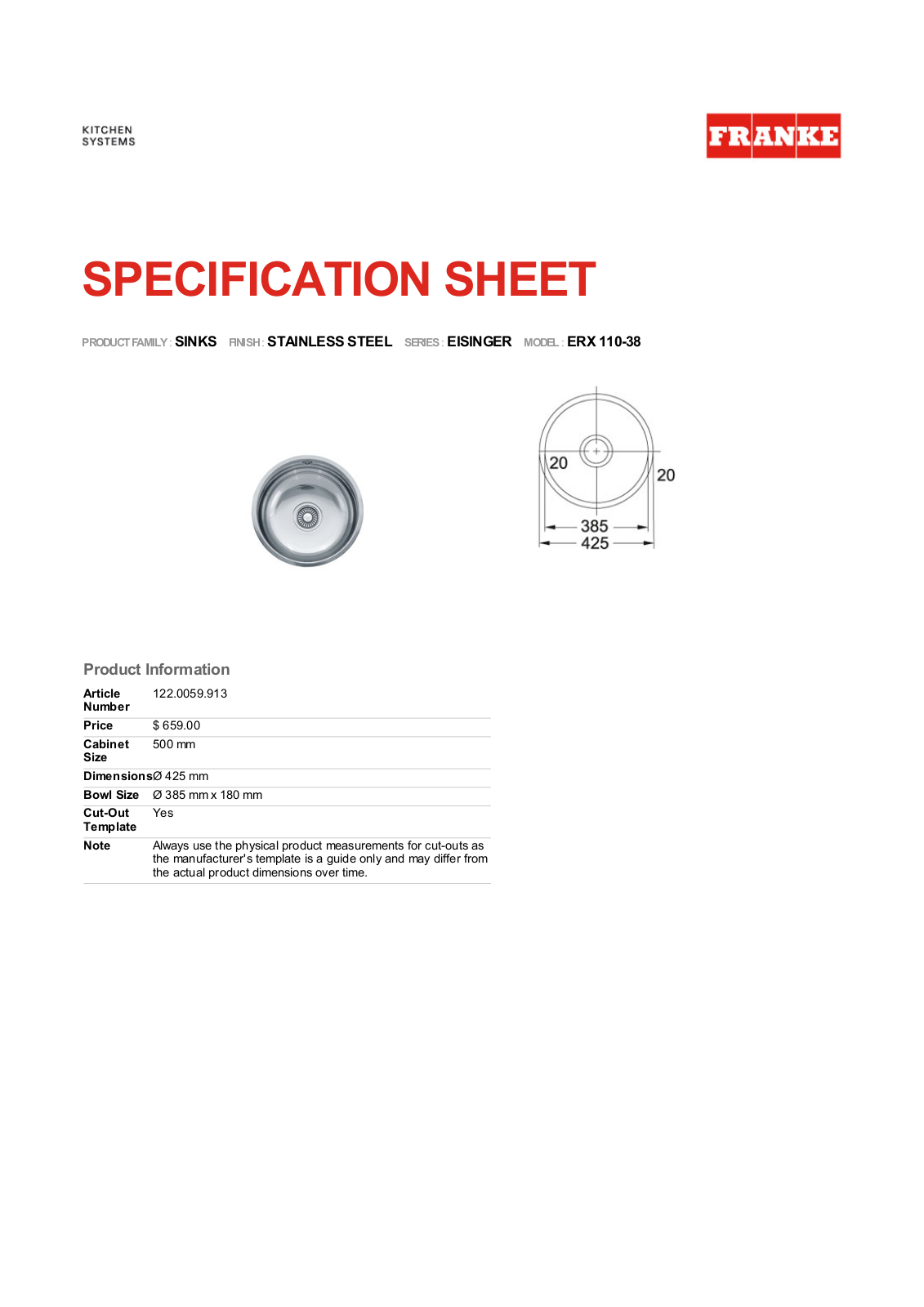 Franke Foodservice ERX 110-38 Specification