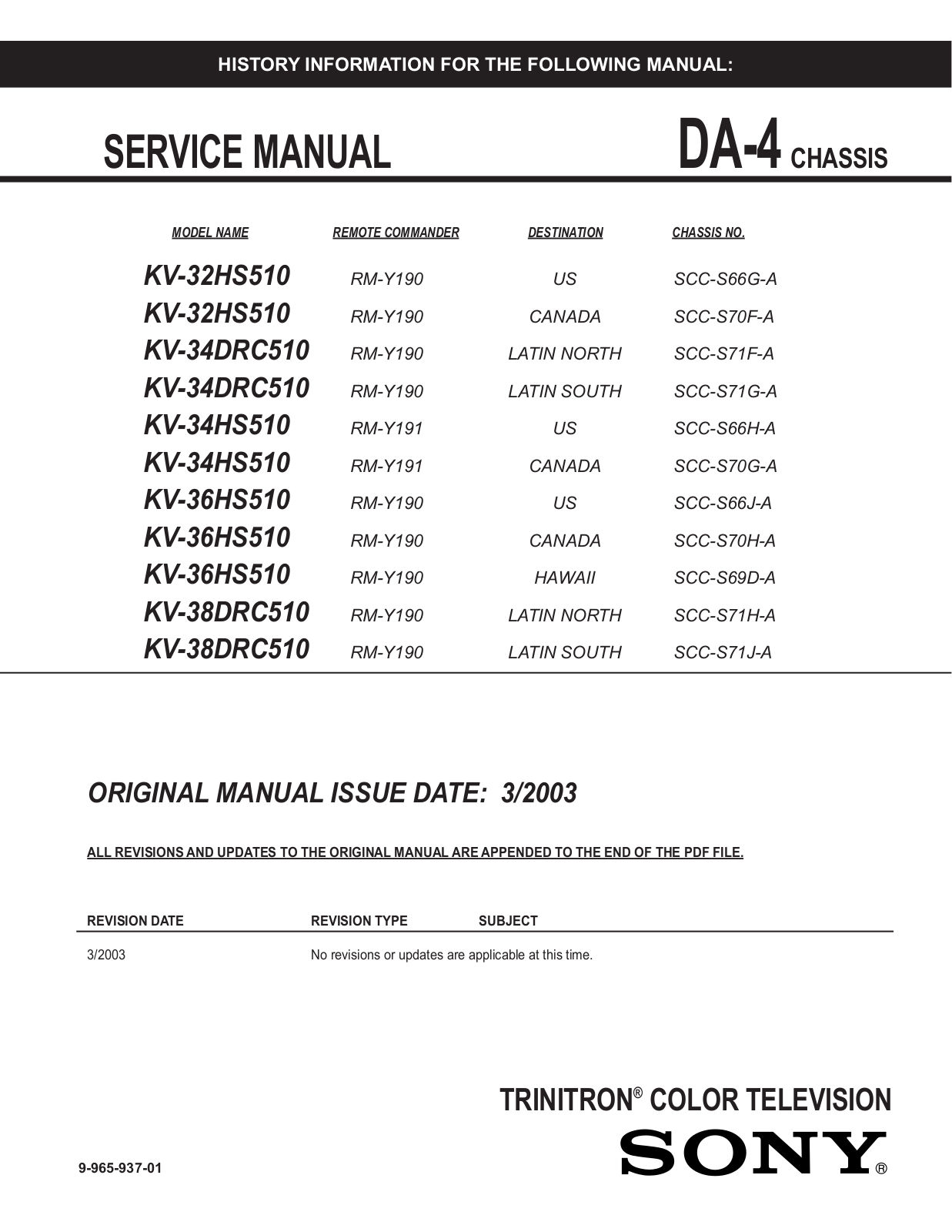 SONY KV-32HS510, KV-34DRC510, KV-34HS510, KV-36HS510, KV-38DRC510 Service Manual