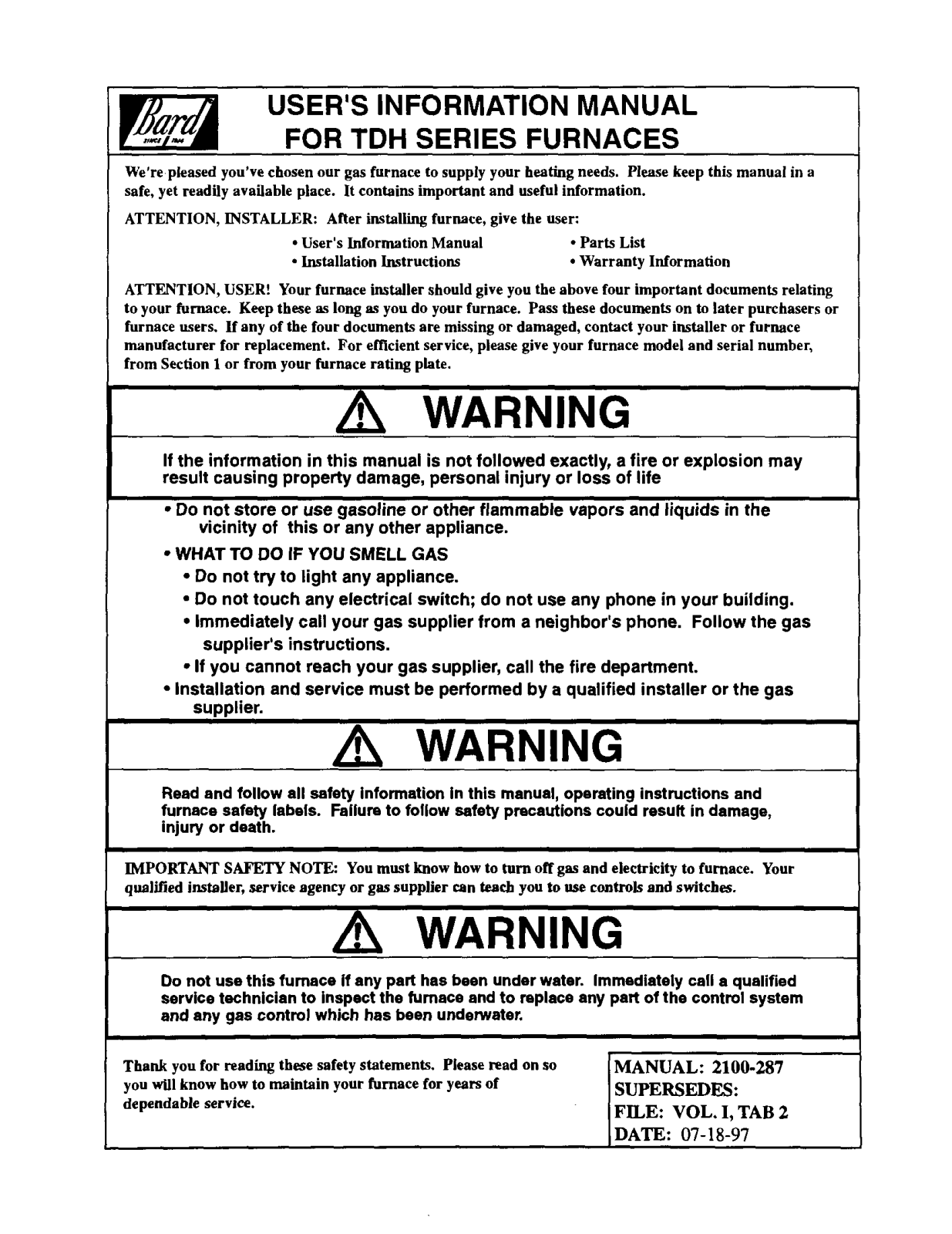 Bard 2100-287 User Manual