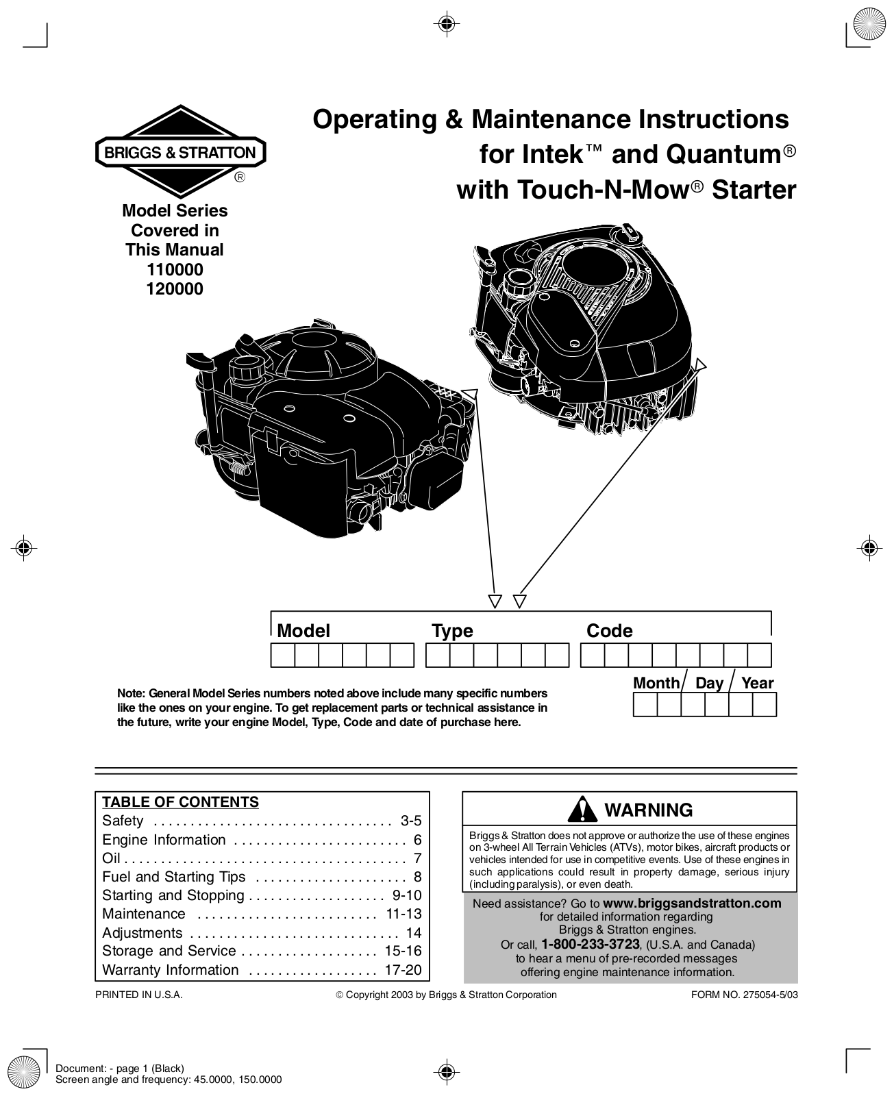 Briggs & Stratton 110000, 120000 User Manual