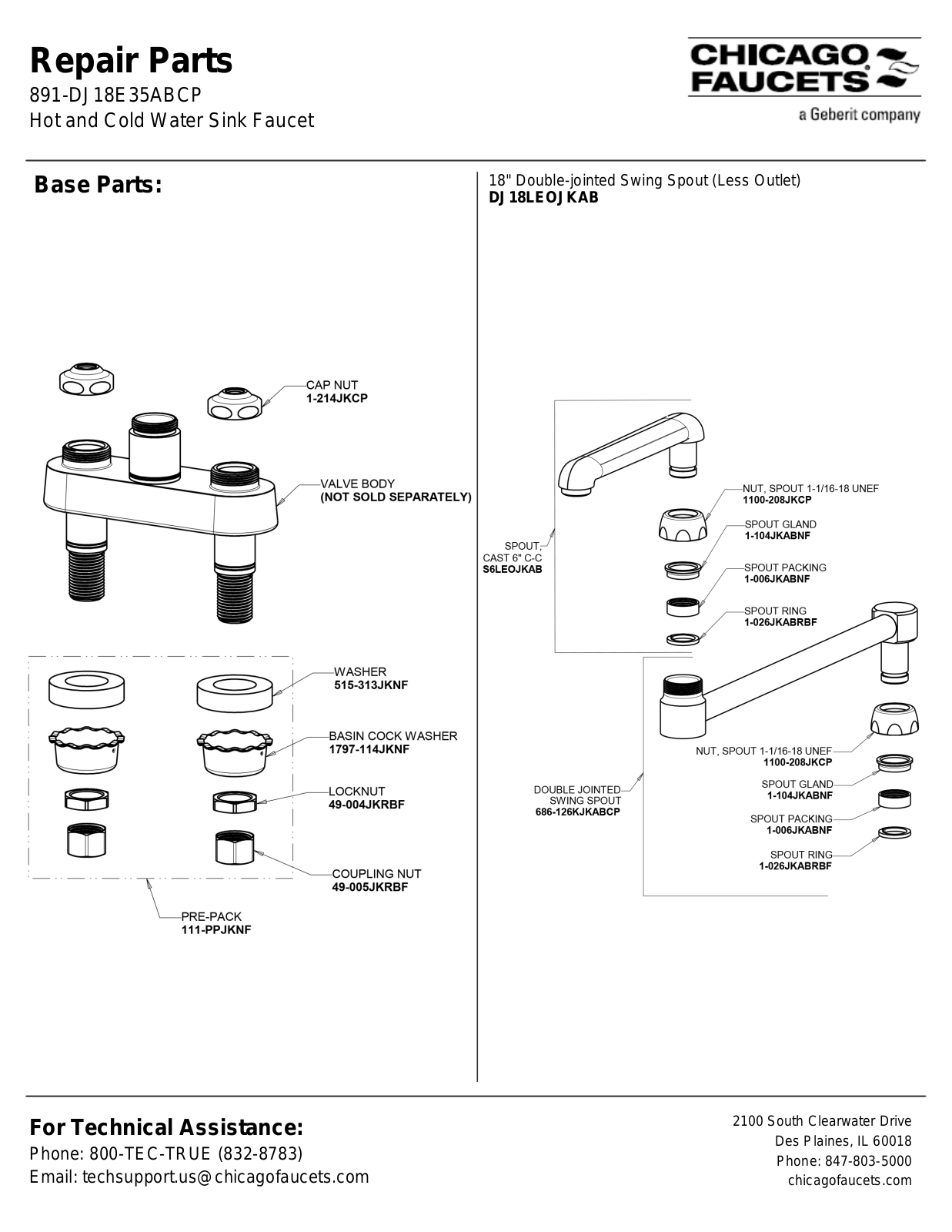 Chicago Faucet 891-DJ18E35AB Parts List