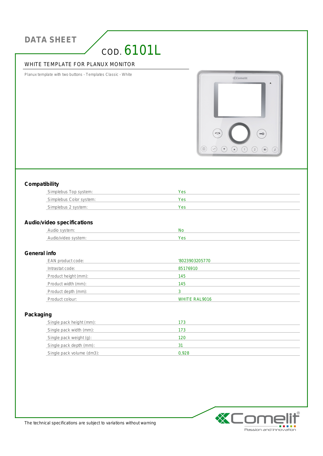 Comelit 6101L Specsheet