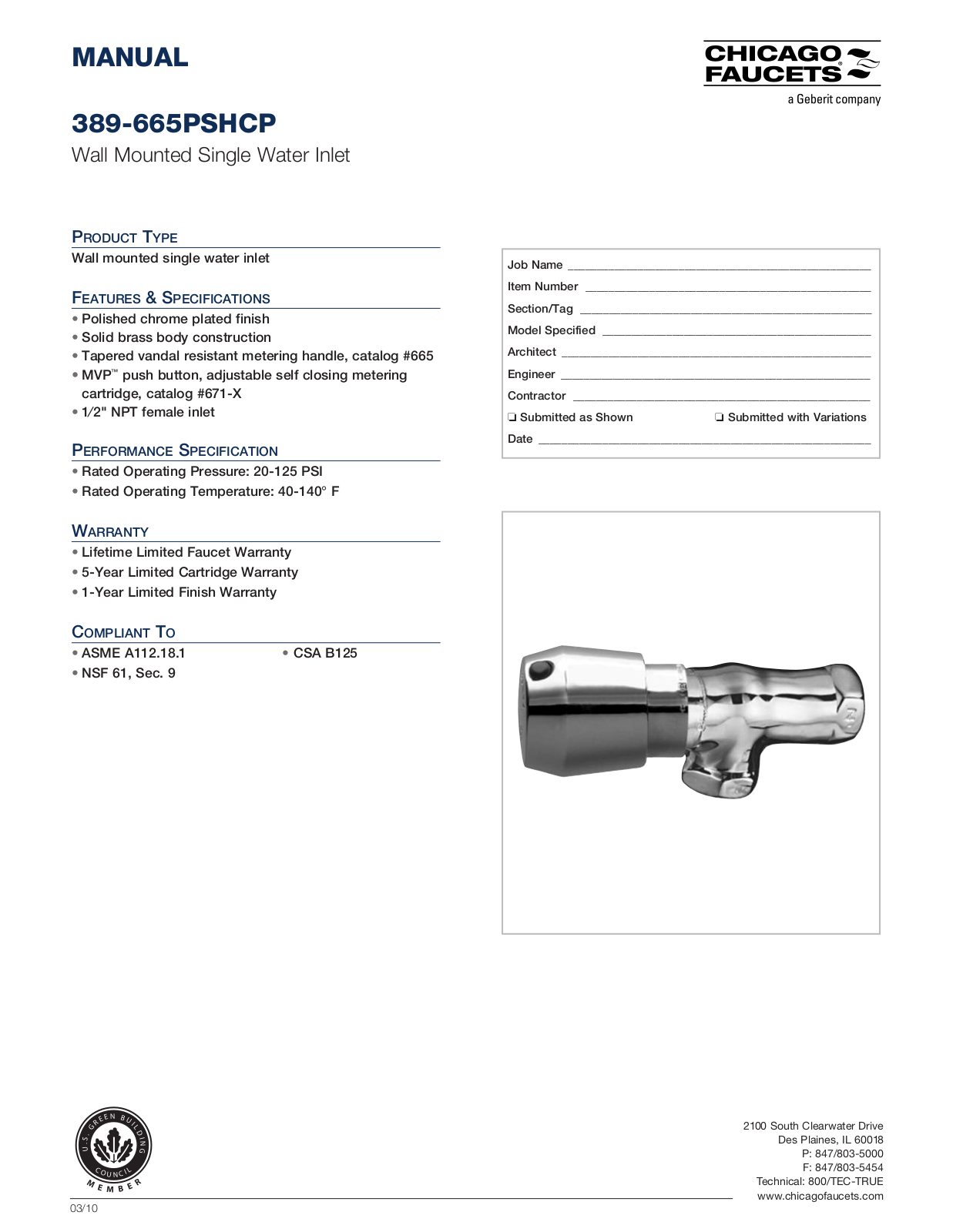 Chicago Faucet 389-665PSHCP Specifications