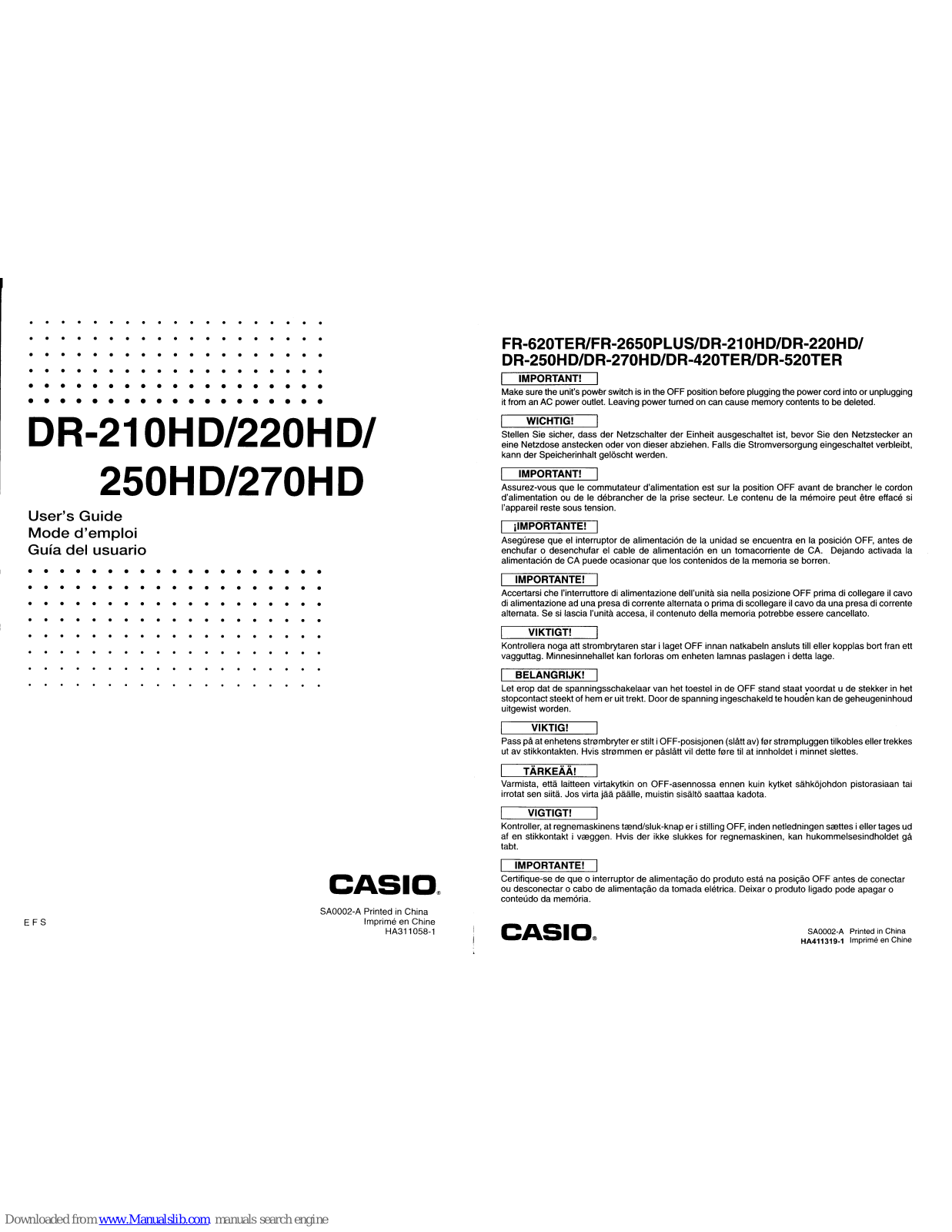 Casio DR-210HD, DR-270HD, DR-250HD, DR-220HD, FR-620TER User Manual