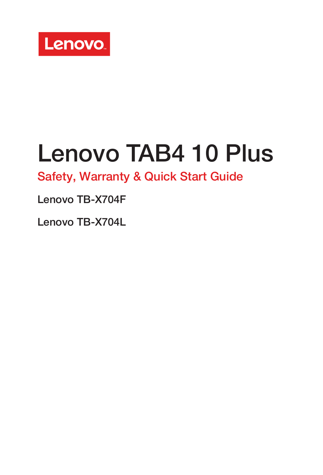 Lenovo TAB4 10 Plus Safety, Warranty & Quick Start Guide