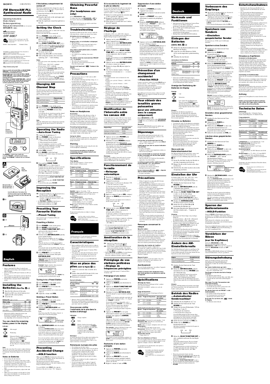 Sony WALKMAN SRF-M807 Operating Instructions Manual