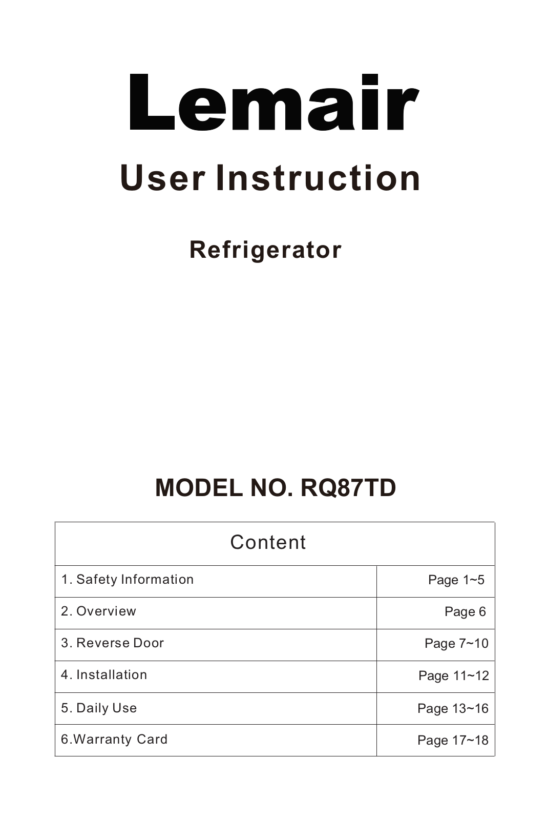 Lemair RQ87TD User Manual