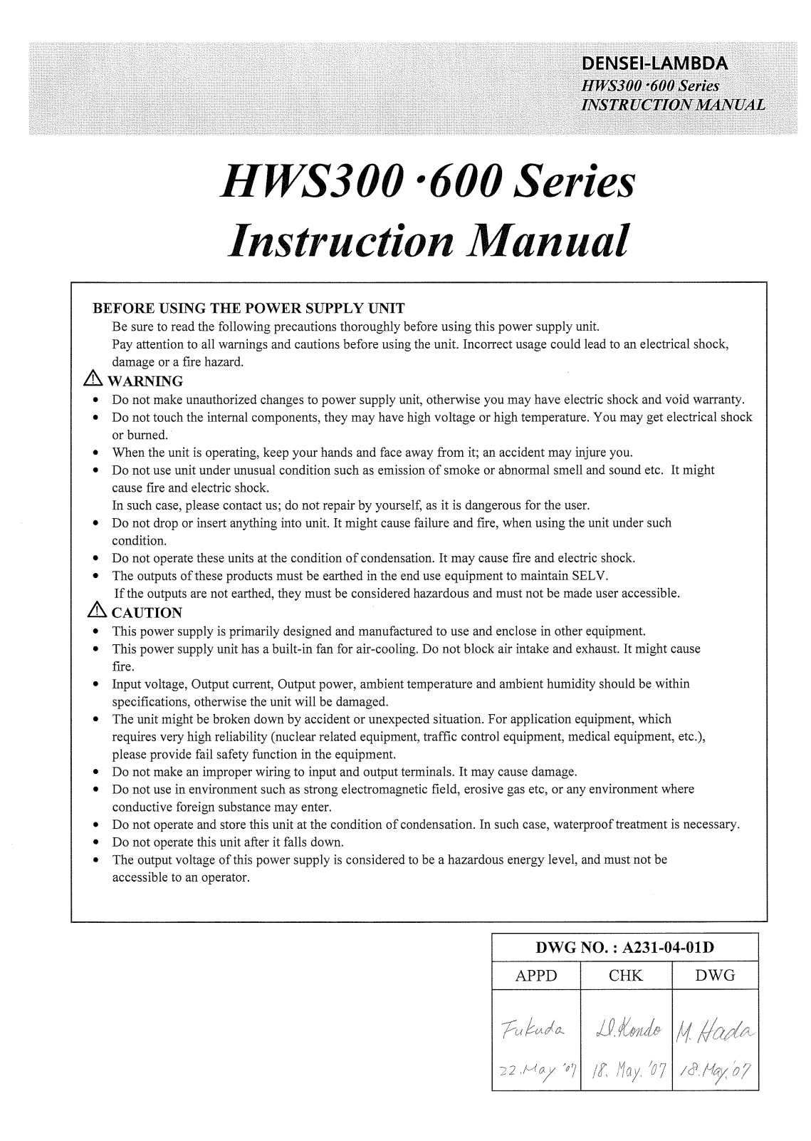 TDK-Lambda HWS-300-12, HWS-300, HWS-600 User guide