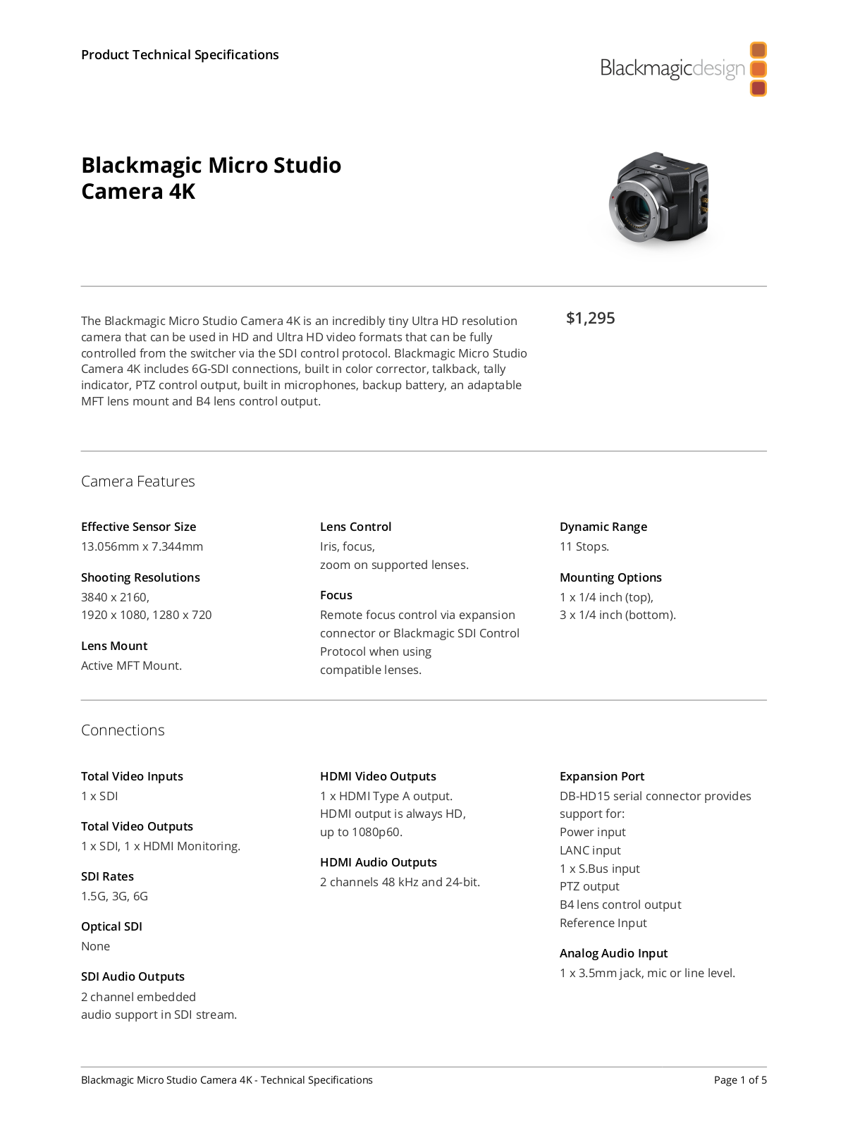 Blackmagic Design Micro Studio Camera 4K Specifications