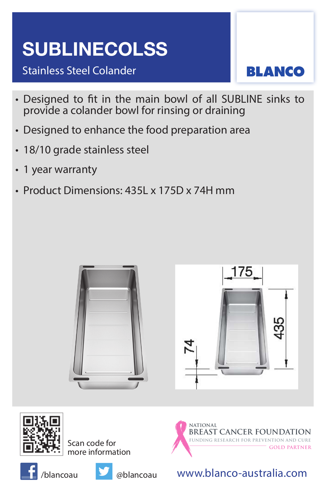 Blanco SUBLINECOLSS Specifications Sheet