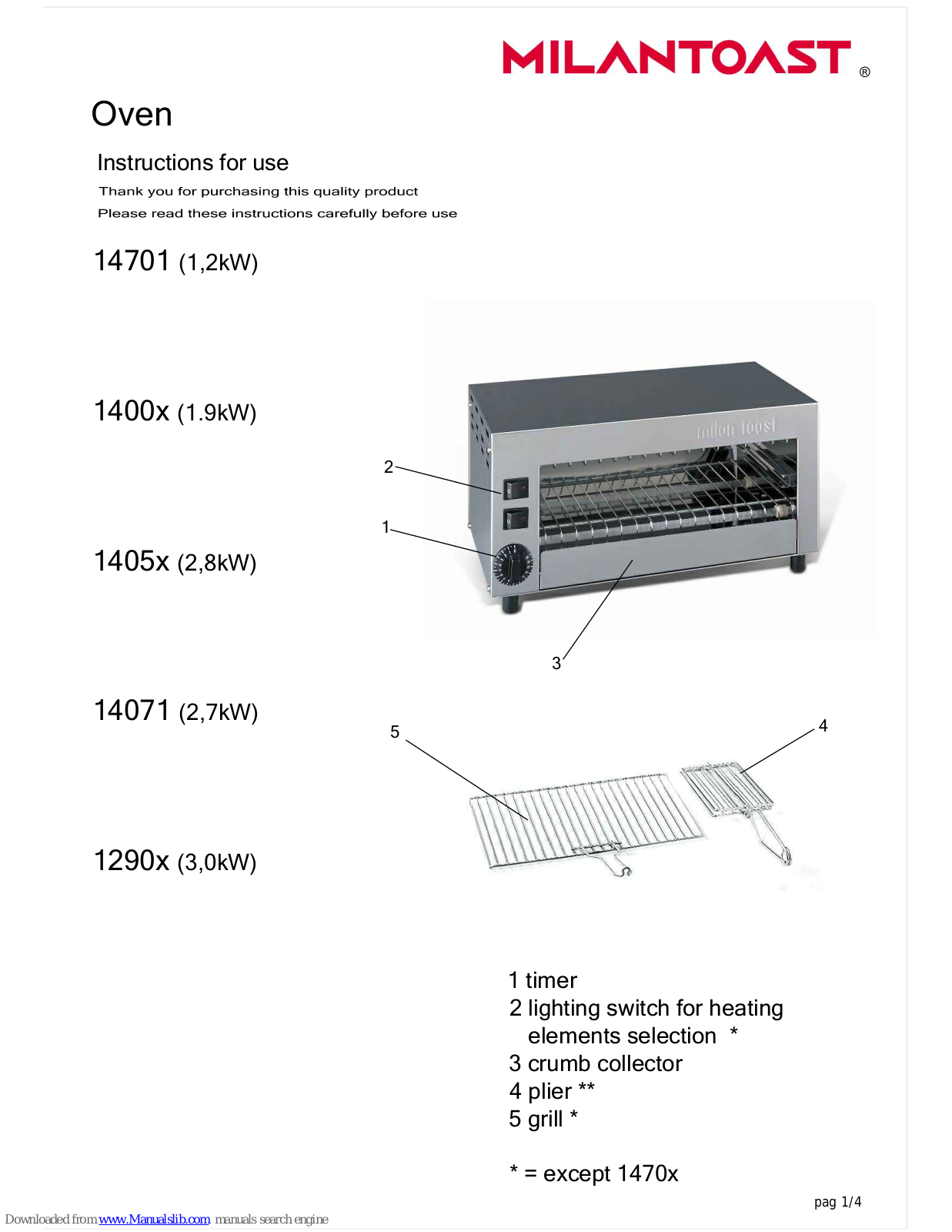 Milantoast 14701, 1400x, 1405x, 14071, 1290x User Manual