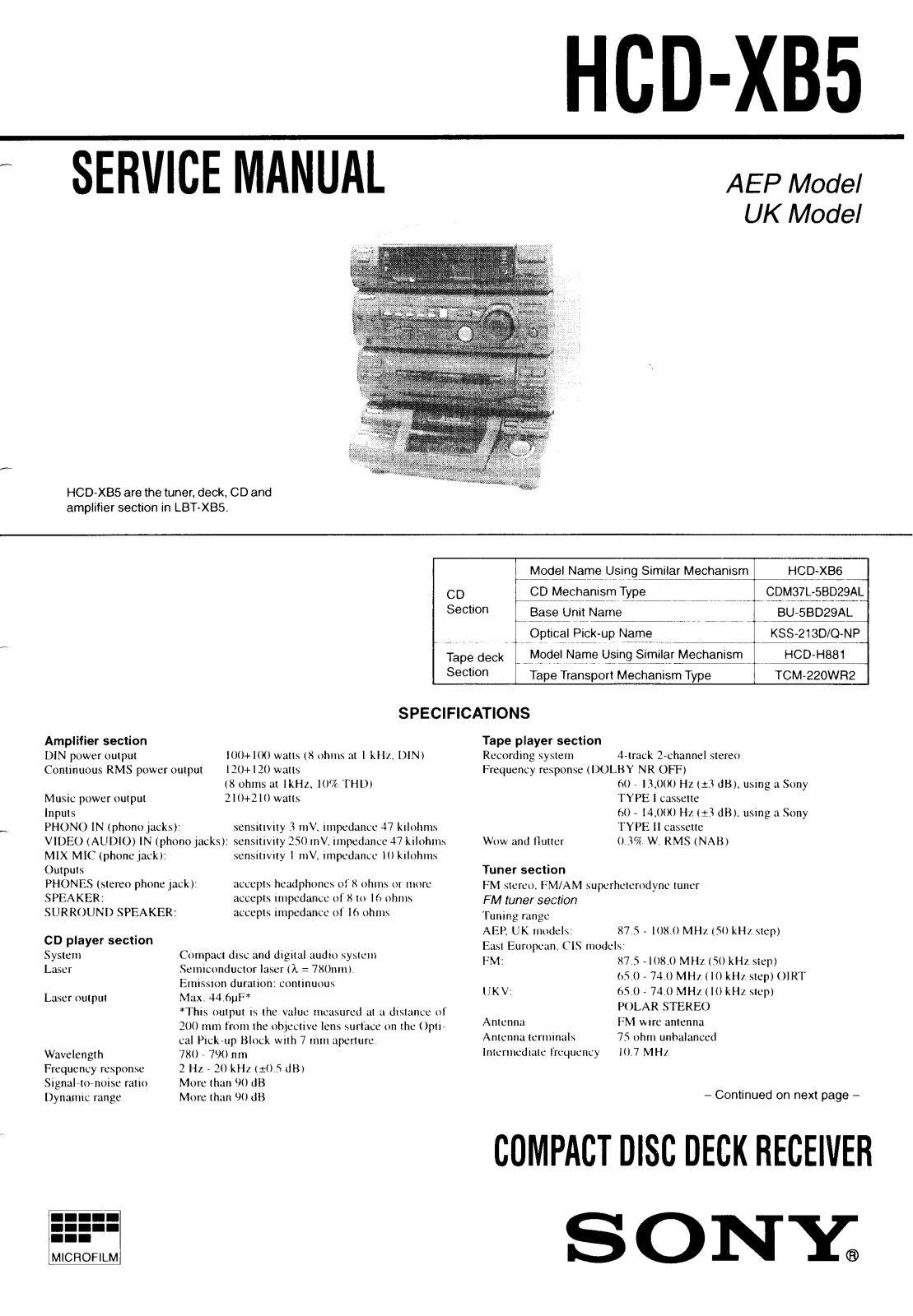 Sony HCD-XB5 Service Manual