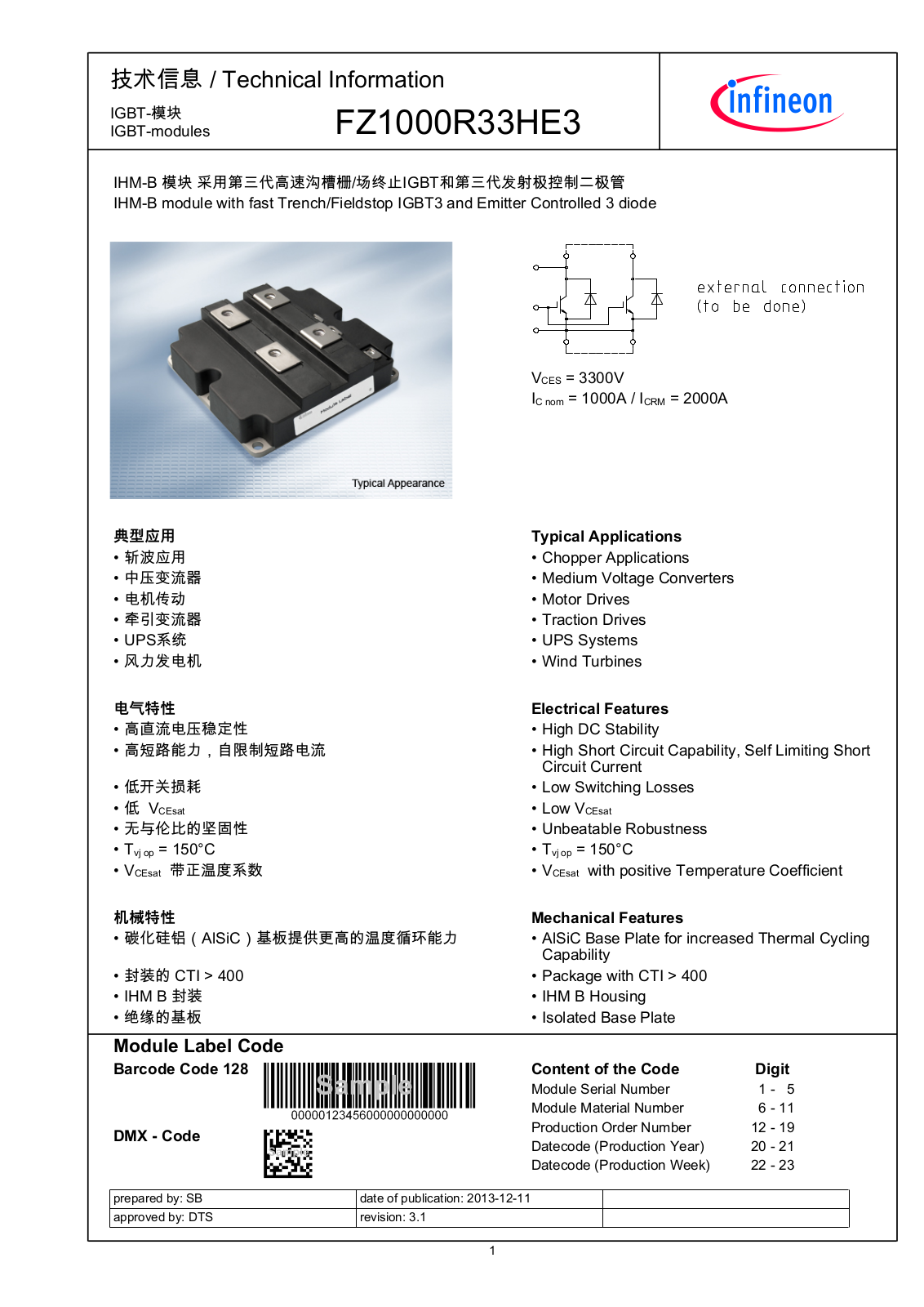 Infineon FZ1000R33HE3 Data Sheet