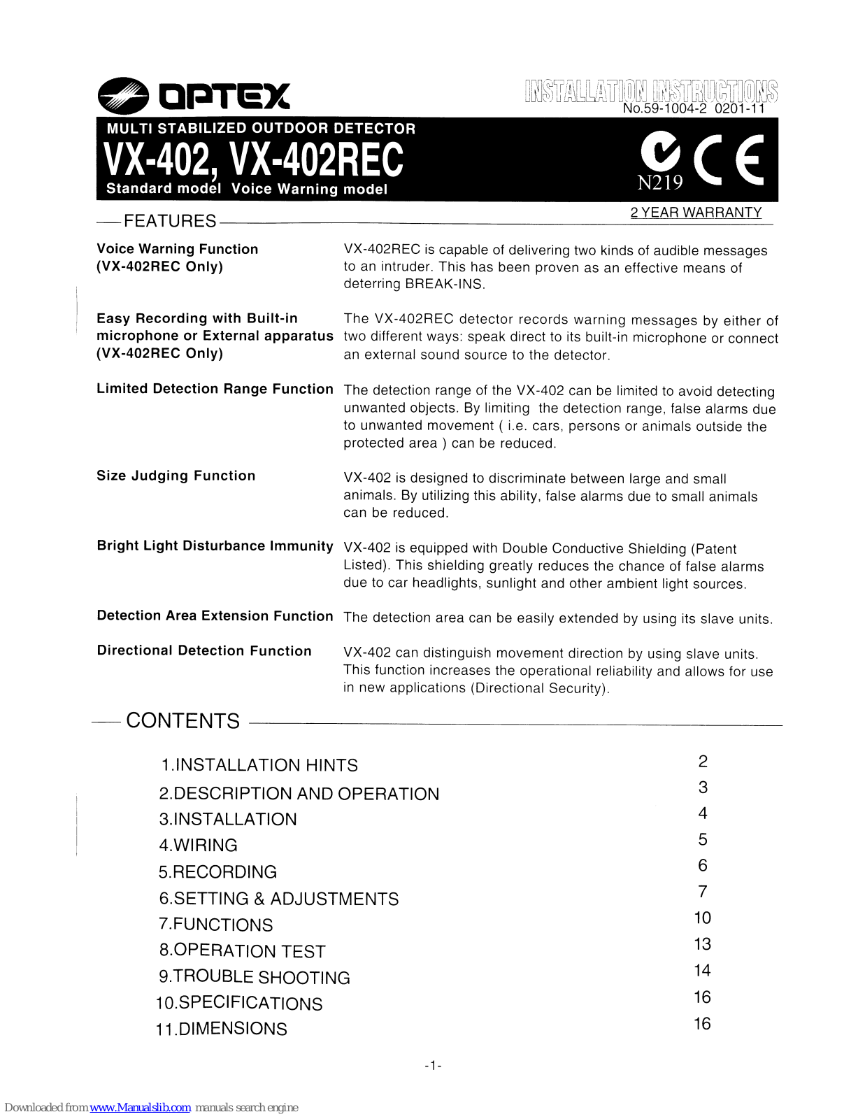 Optex VX-402REC, RC-20U, WONDEREX EX-35, WONDEREX EX-35T, WONDEREX EX-35V(P) Installation Instructions Manual