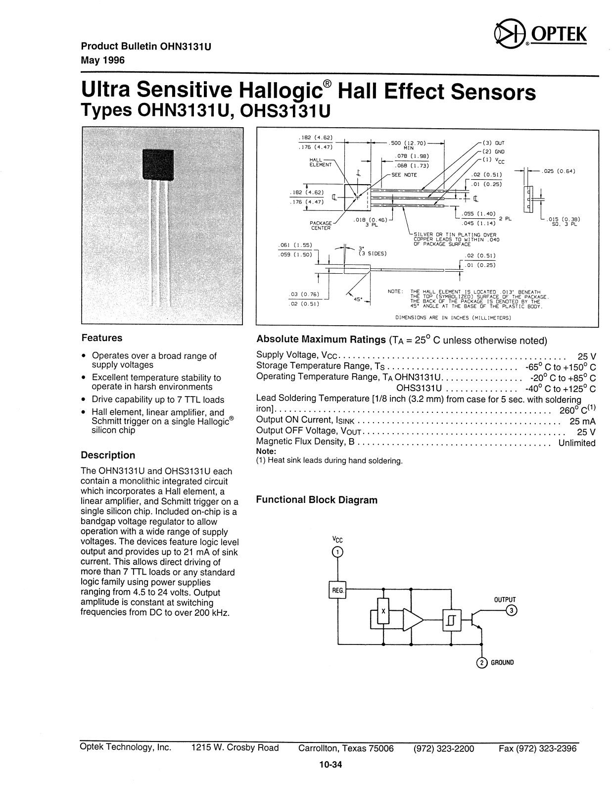 OPTEK OHS3131U, OHN3131U Datasheet