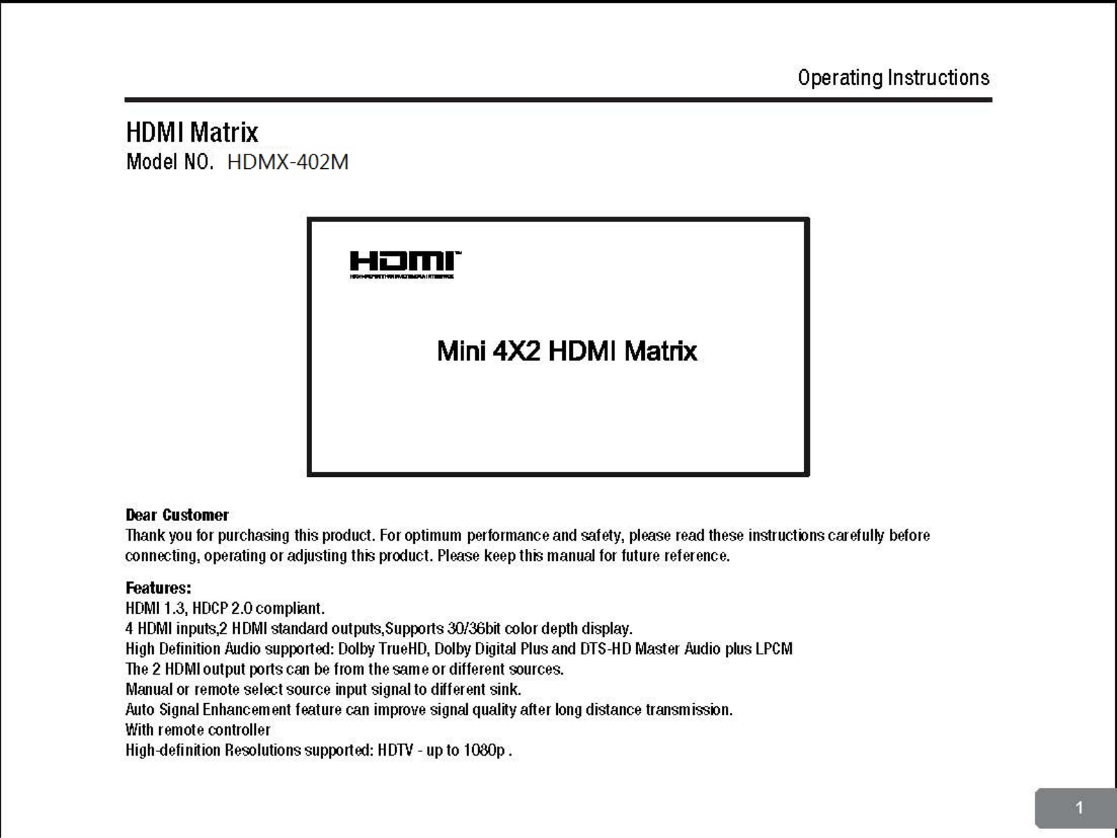 Monoprice HDMX-402 Operating Instructions Manual