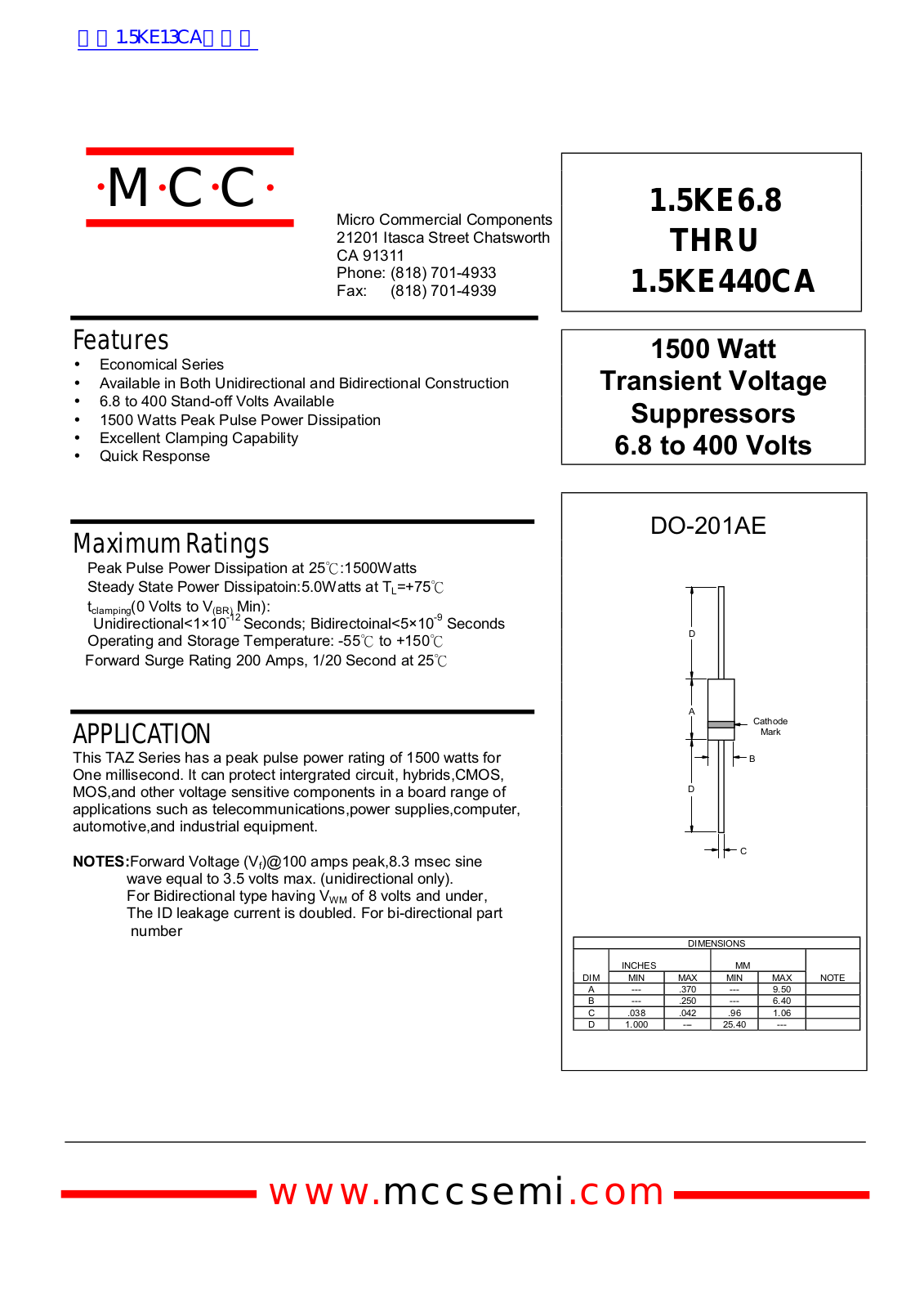 Micro Commercial Components 1.5KE6.8, 1.5KE440CA Technical data