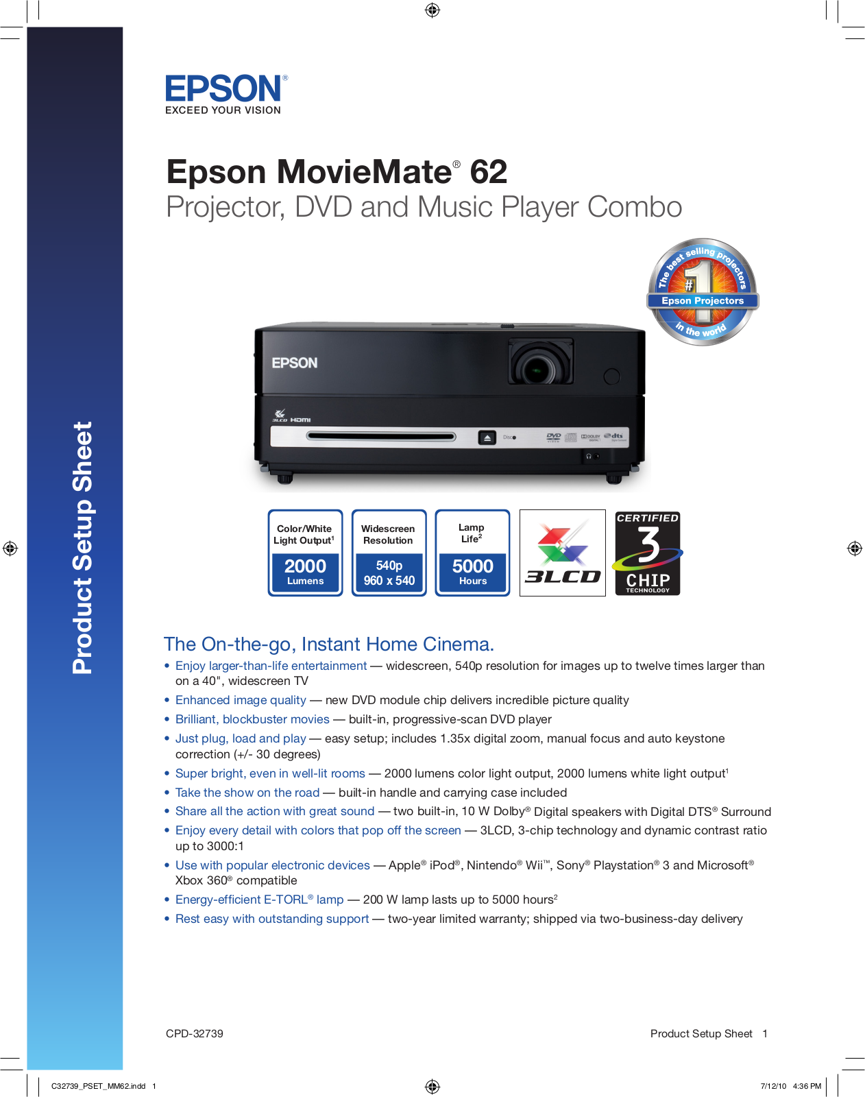 Epson MovieMate 62 Product Sheet