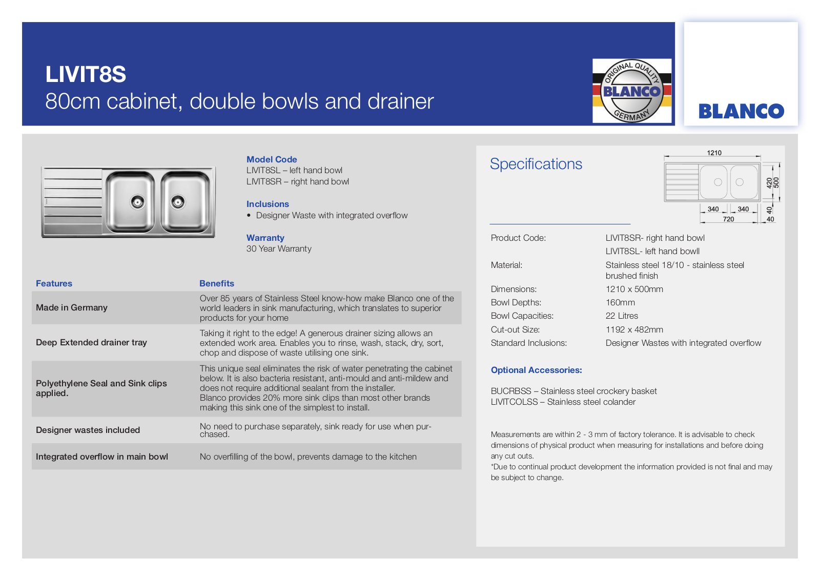 Blanco LIVIT8SR Specifications Sheet