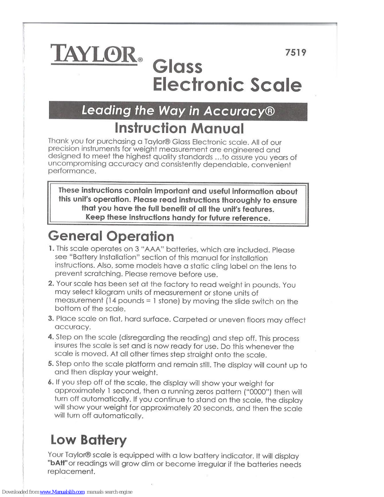 Taylor 7519 Instruction Manual