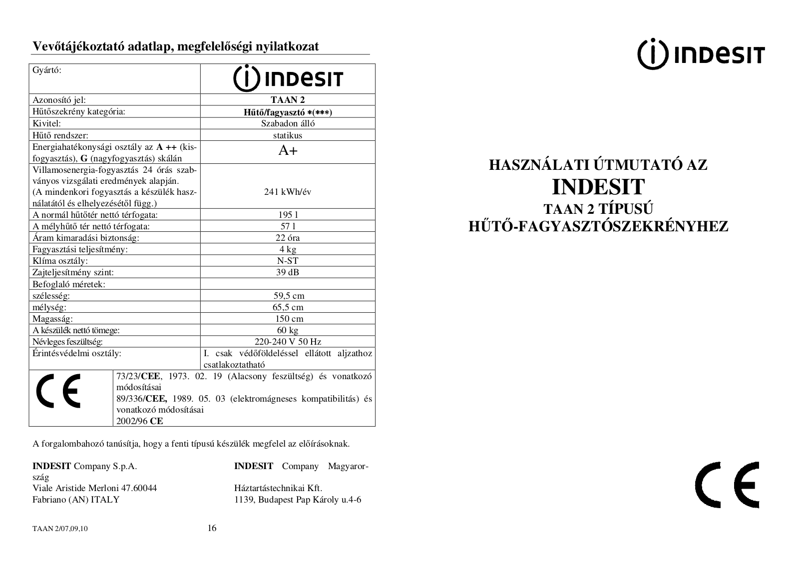 Indesit TAAN 2 User Manual