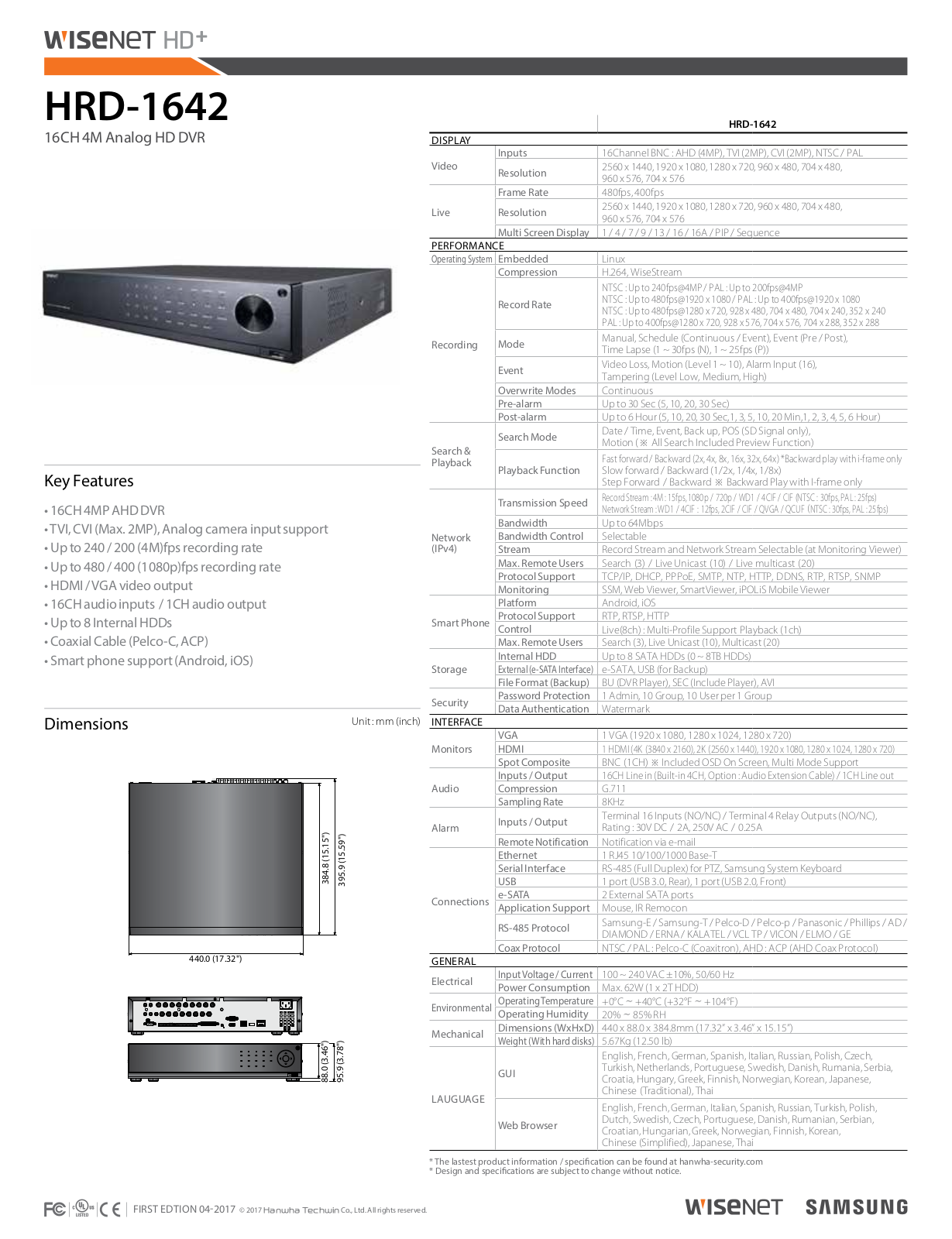 Samsung HRD-1642 Specsheet