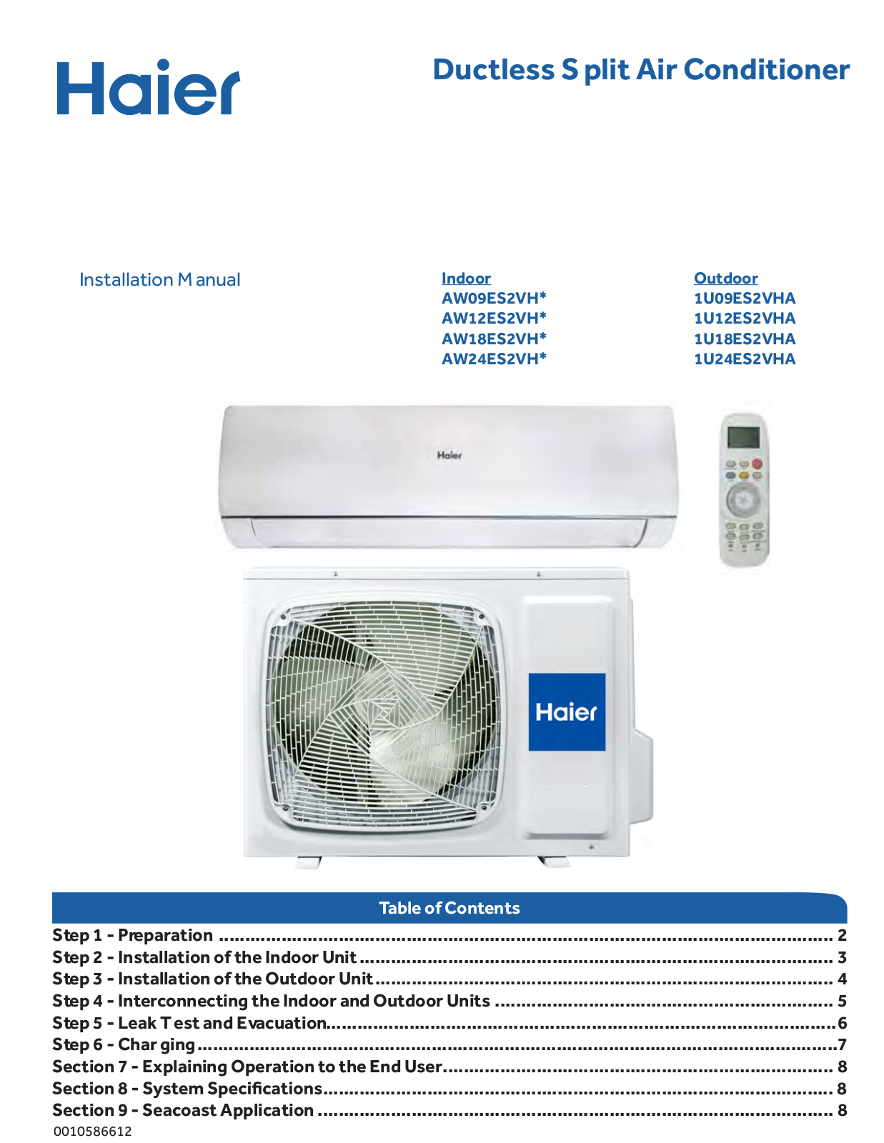 Haier AW09ES2VHA, AW09ES2VHB, AW12ES2VHA, AW12ES2VHB, AW18ES2VHA Installation Guide