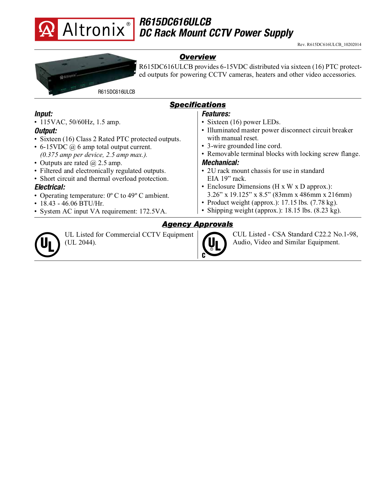 Altronix R615DC616ULCB Specsheet