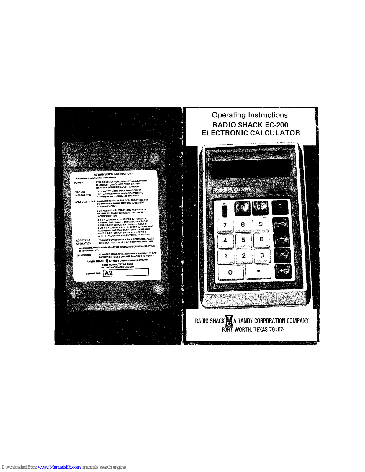 Radio Shack EC-200 Operating Instructions Manual