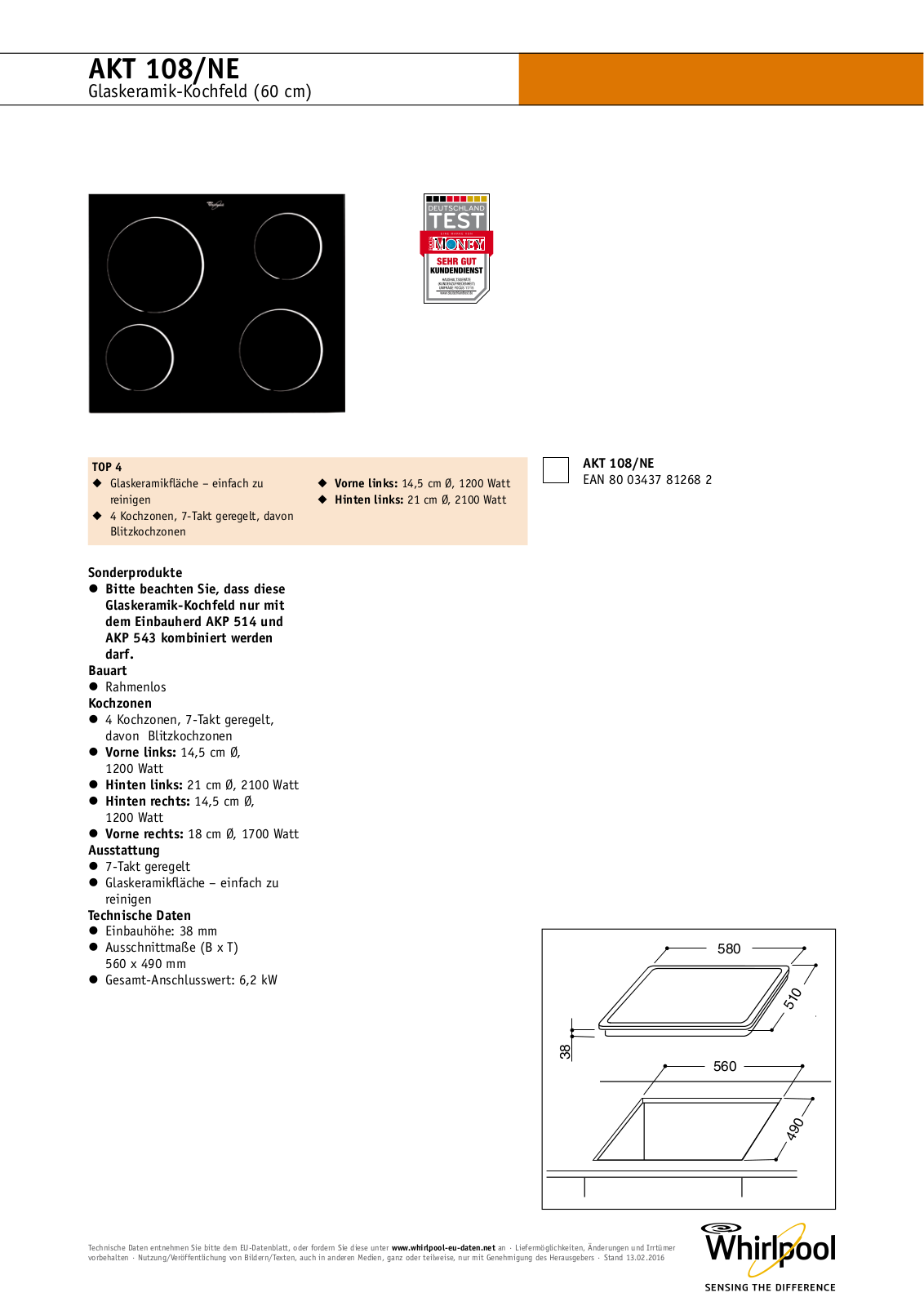 Whirlpool AKT 108/NE PROGRAM CHART