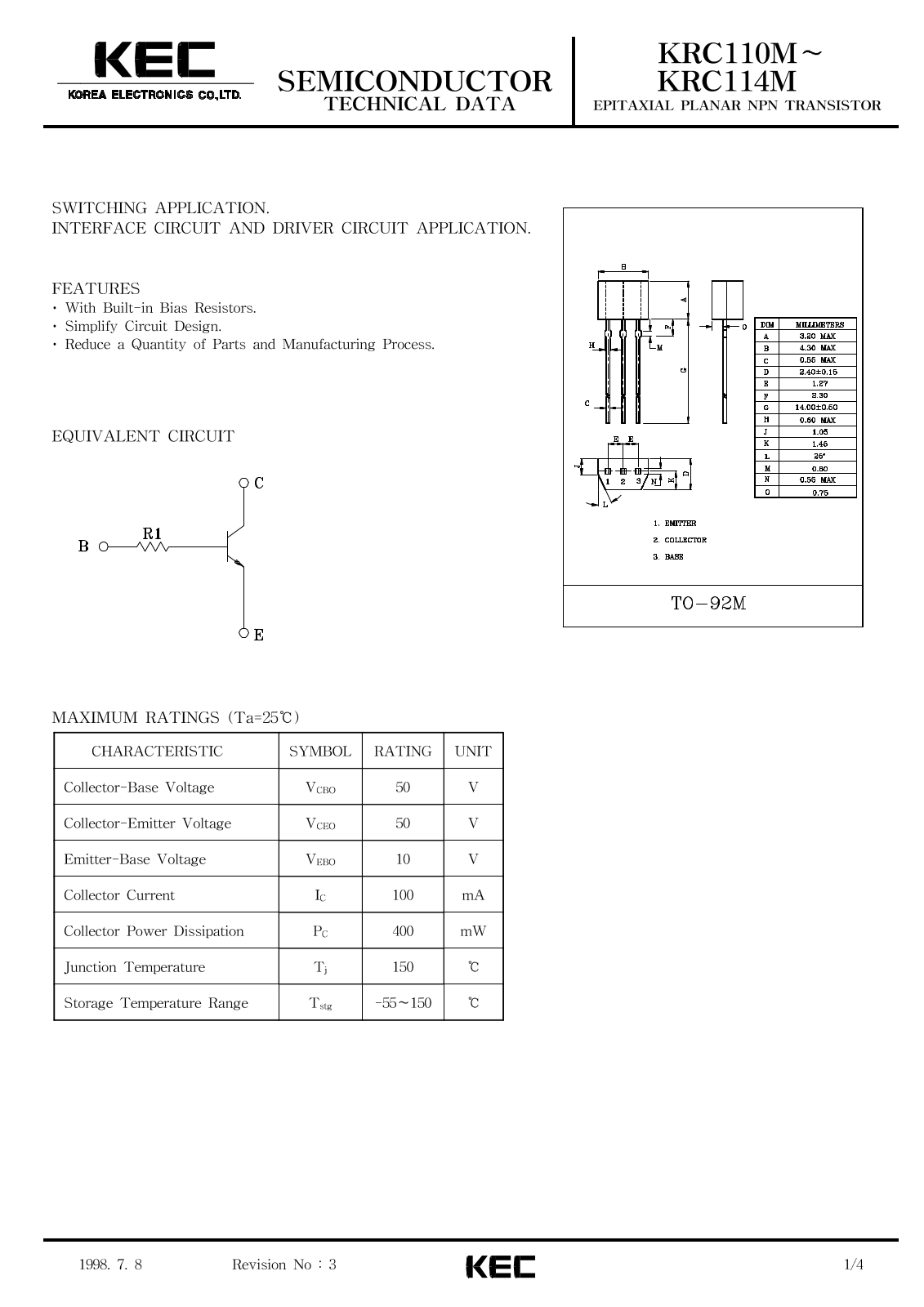 KEC KRC114M, KRC112M, KRC111M, KRC110M, KRC113M Datasheet