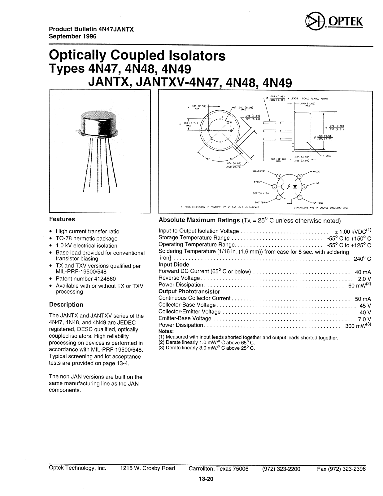 OPTEK 4N49, 4N48, 4N47 Datasheet