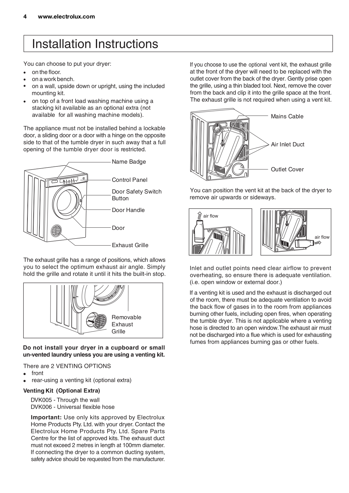 Electrolux EDV5051 Installation and Operation Guide