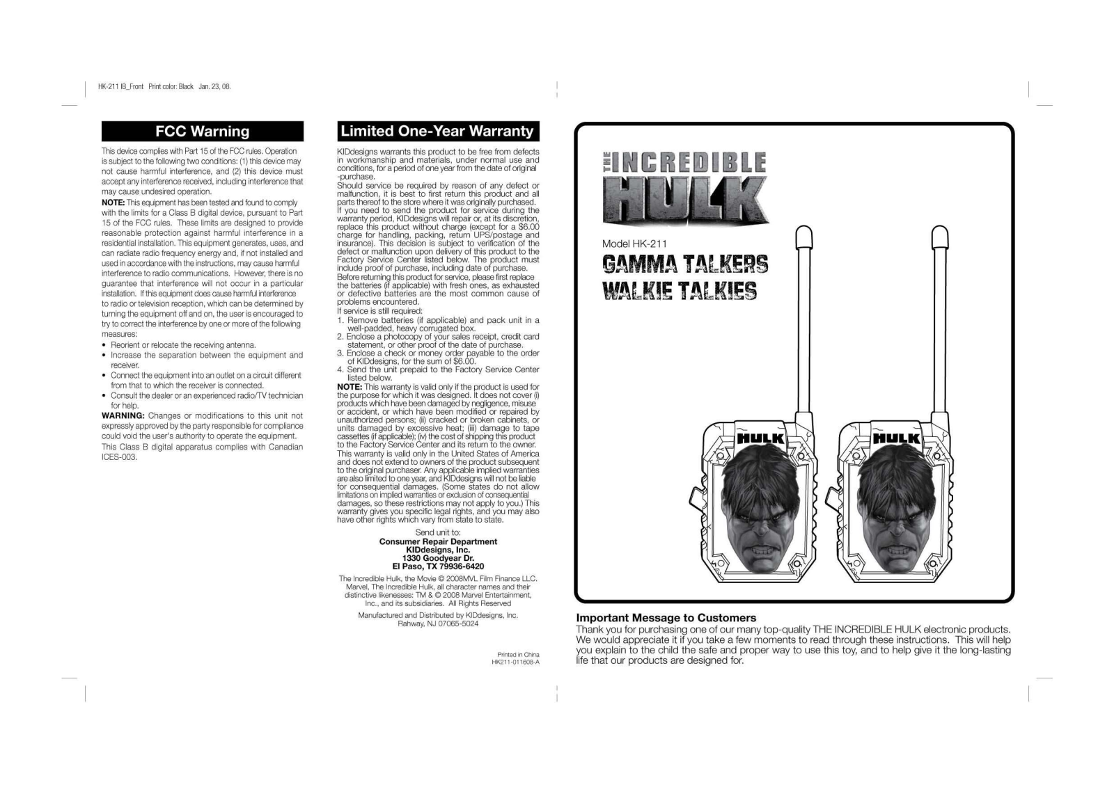 Kiddesigns HK211 User Manual