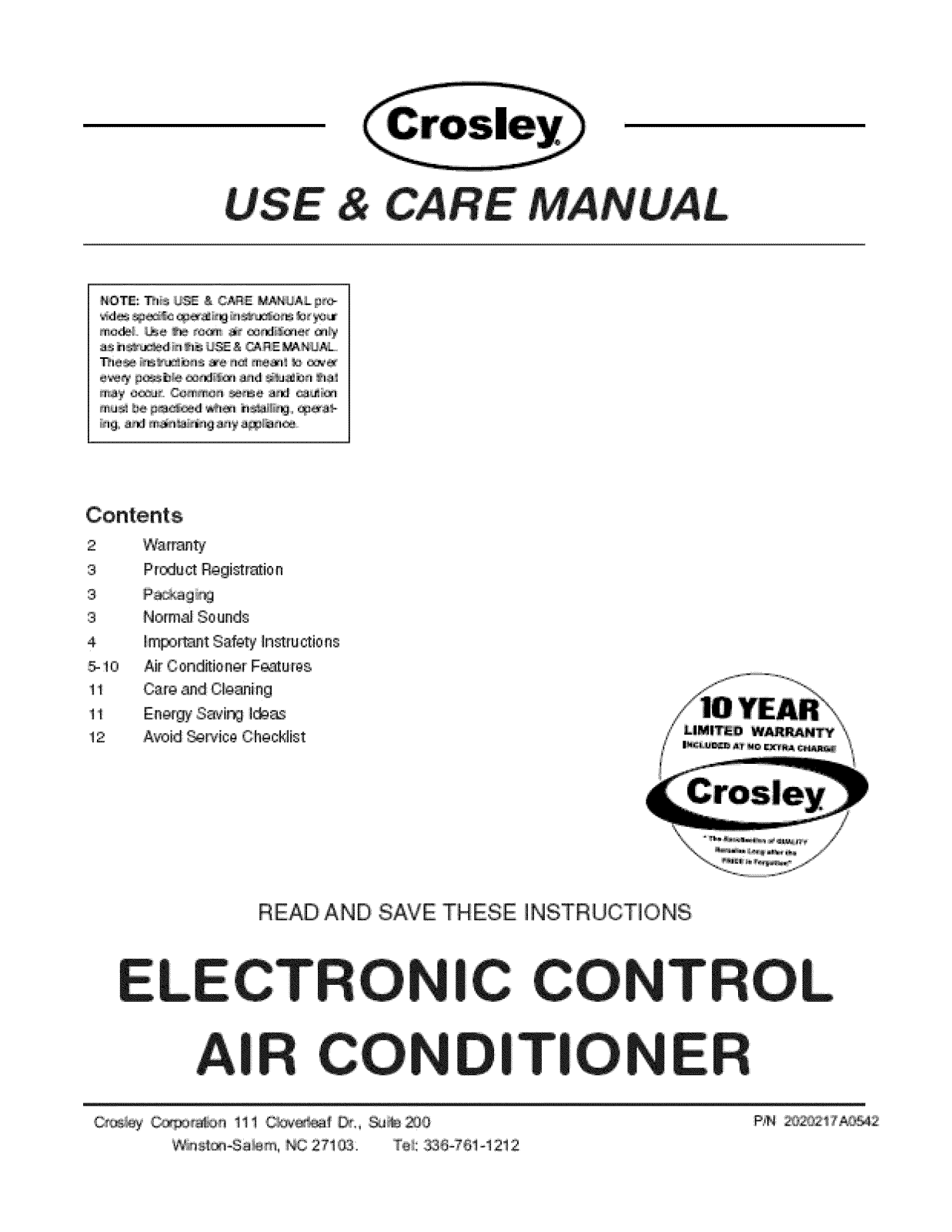 Crosley CAE12ESRC, CAE12ESRD, CAE12ESRB, CAE12ESRA Owner’s Manual