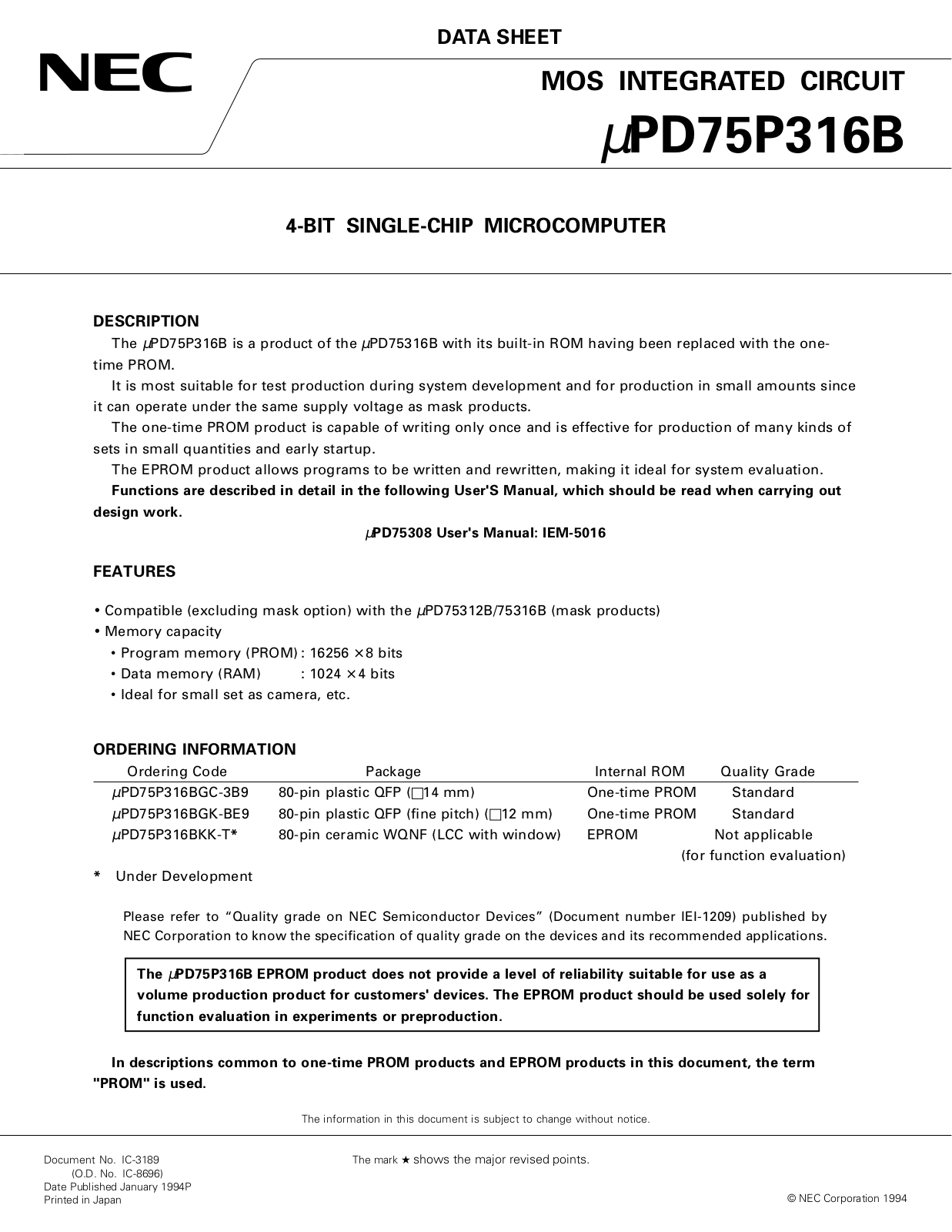 NEC UPD75P316BGC-3B9 Datasheet