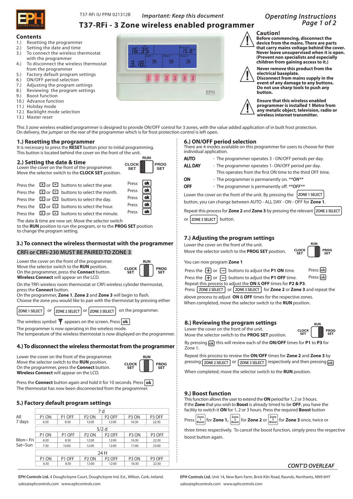 EPH Controls T37-RFi Operating Instructions Manual