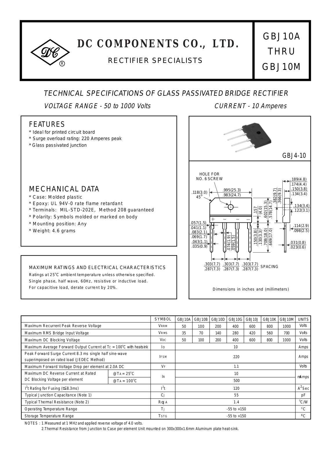 Datasheet GBJ10M Specification - ManualMachine.com