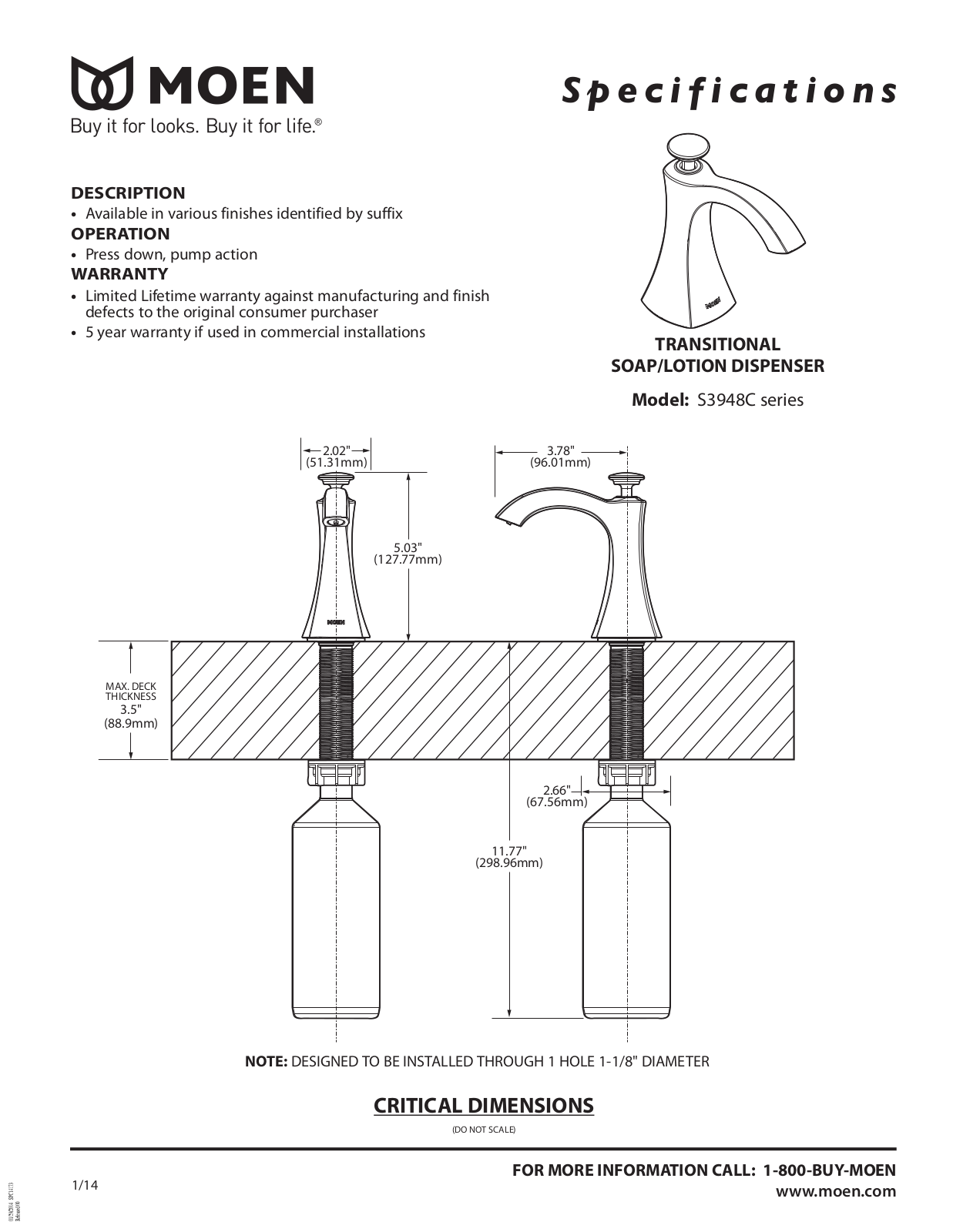 Moen S3948SRS Specs