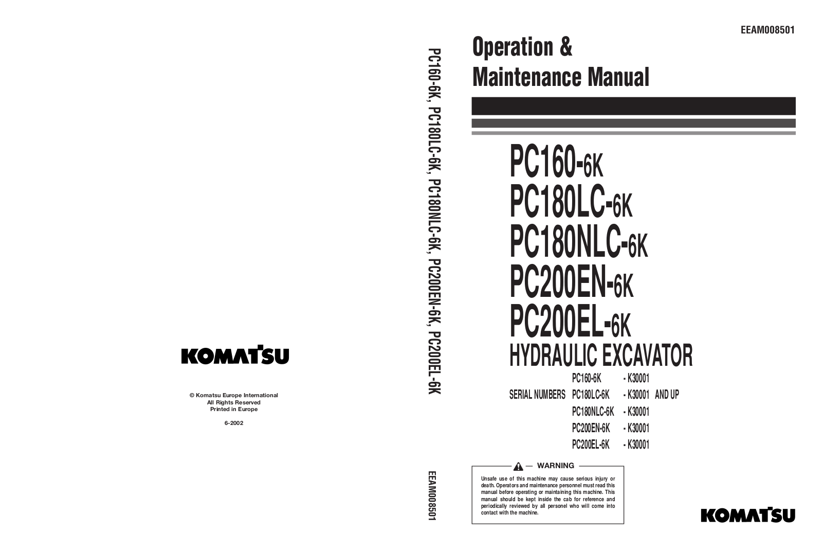 Komatsu PC160-6K, PC180LC-6K, PC180NLC-6K, PC200EN-6K, PC200EL-6K Service Manual