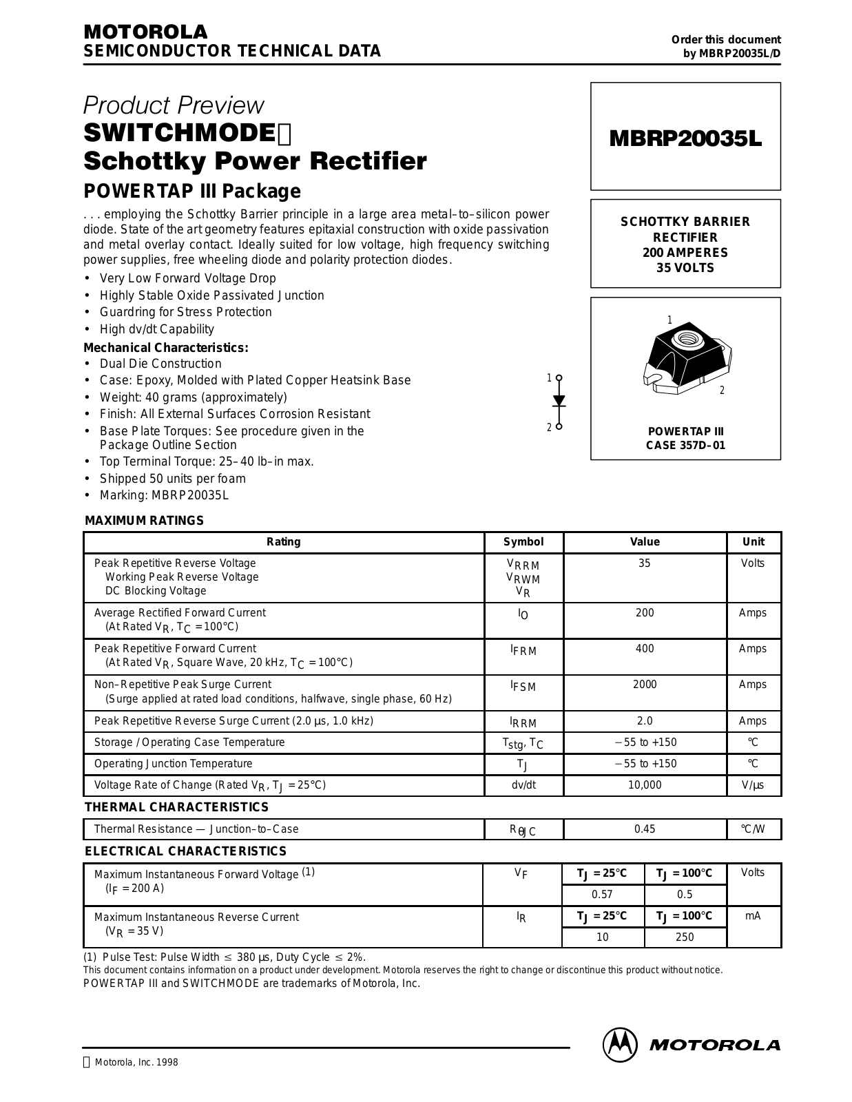 Motorola MBRP20035L Datasheet