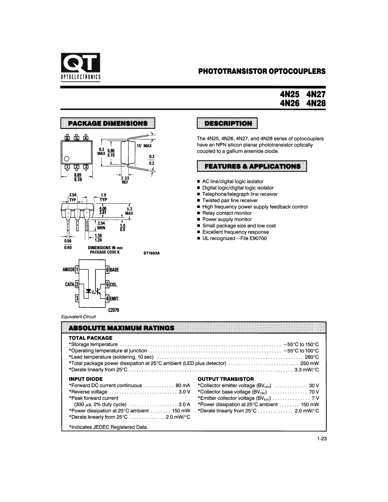 QT 4N27, 4N26, 4N28, 4N25 Datasheet