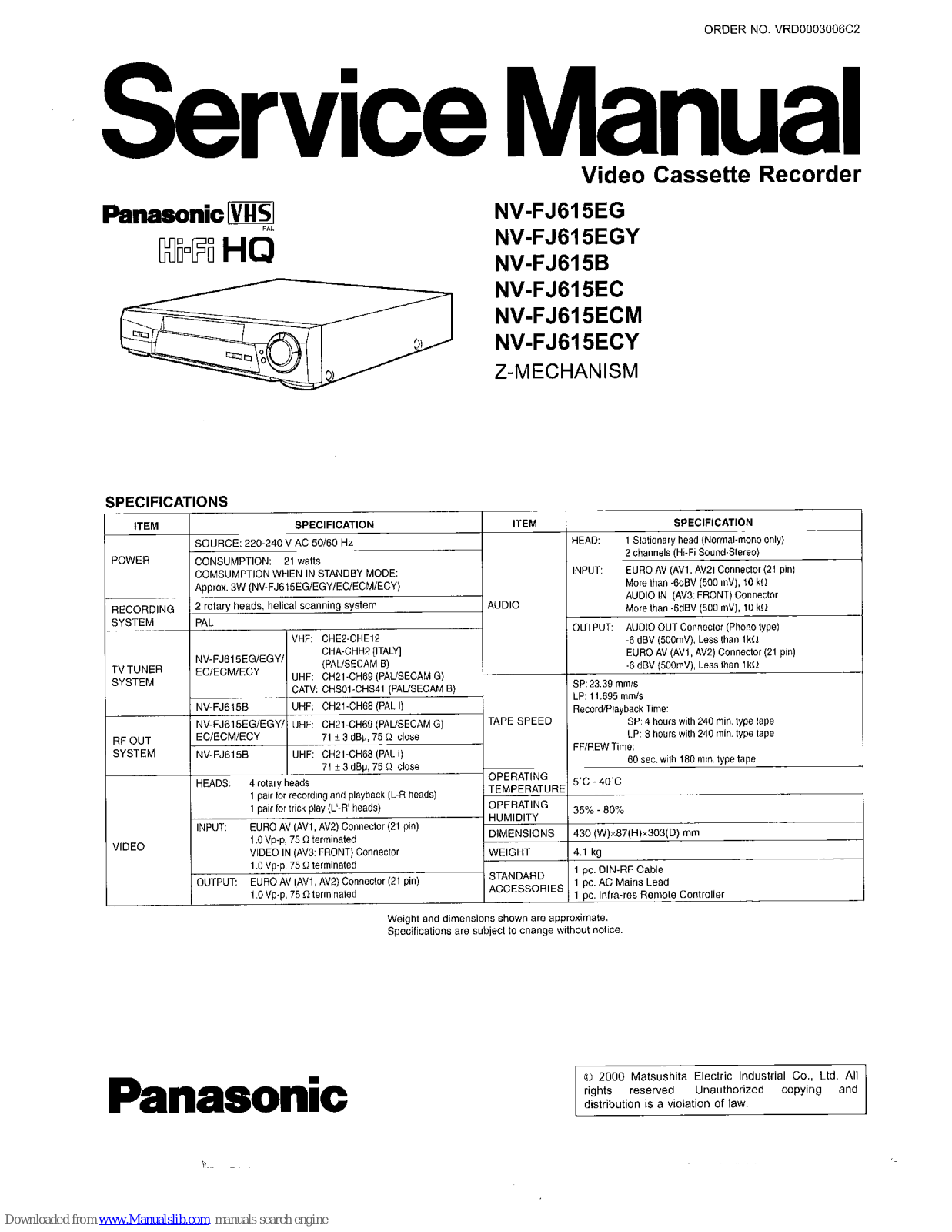 Panasonic NV-F615EG, NV-F615EGY, NV-F615ECM, NV-F615ECY, NV-F615B Service Manual