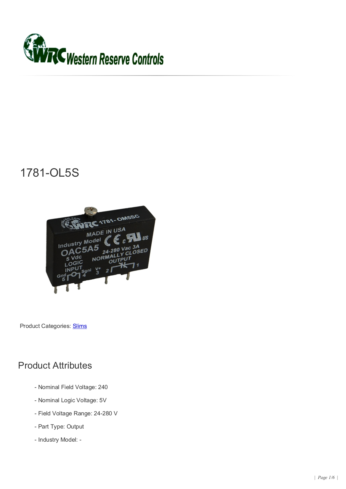 Western Reserve Controls 1781-OL5S Data Sheet